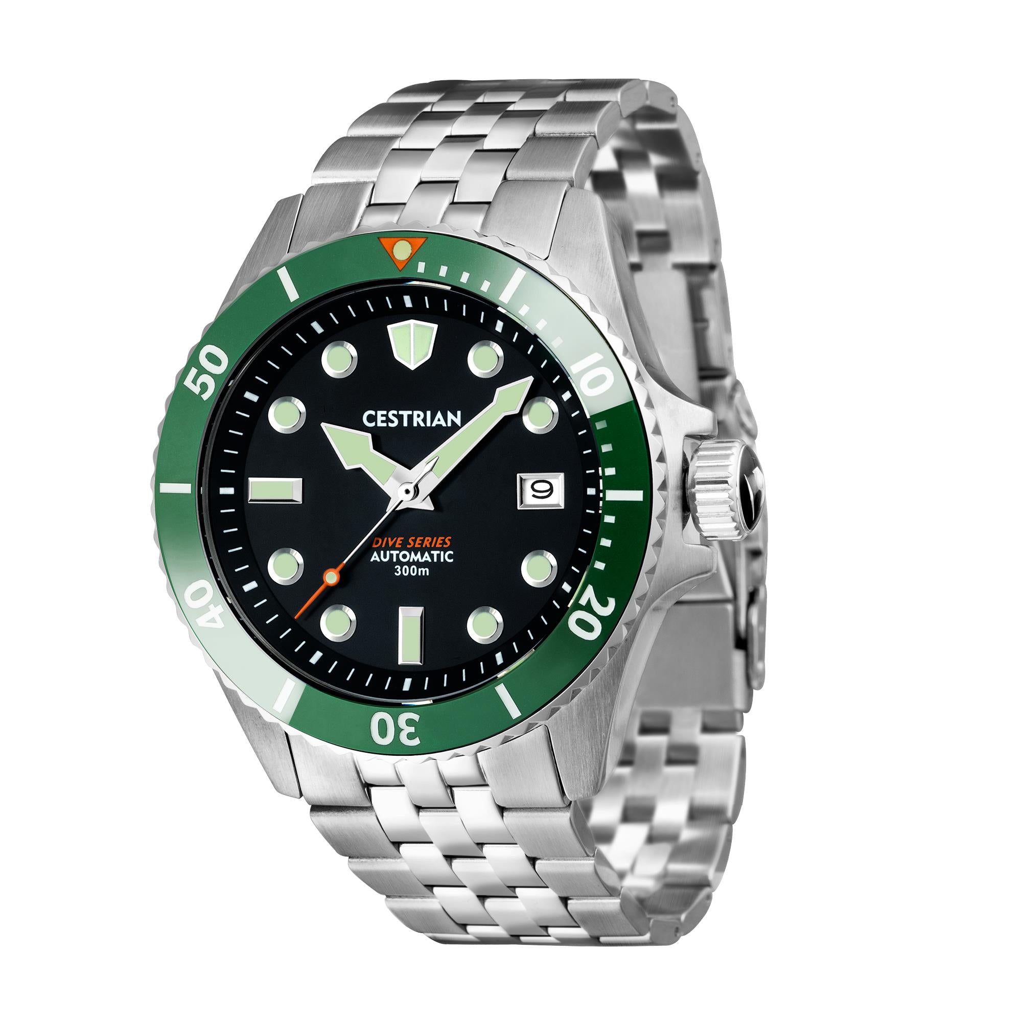 Cestrian Dive Series Schwarzes Zifferblatt Grüner Keramikrings Edelstahlarmband Automatische Herrenarmbanduhr CD111B0773V1