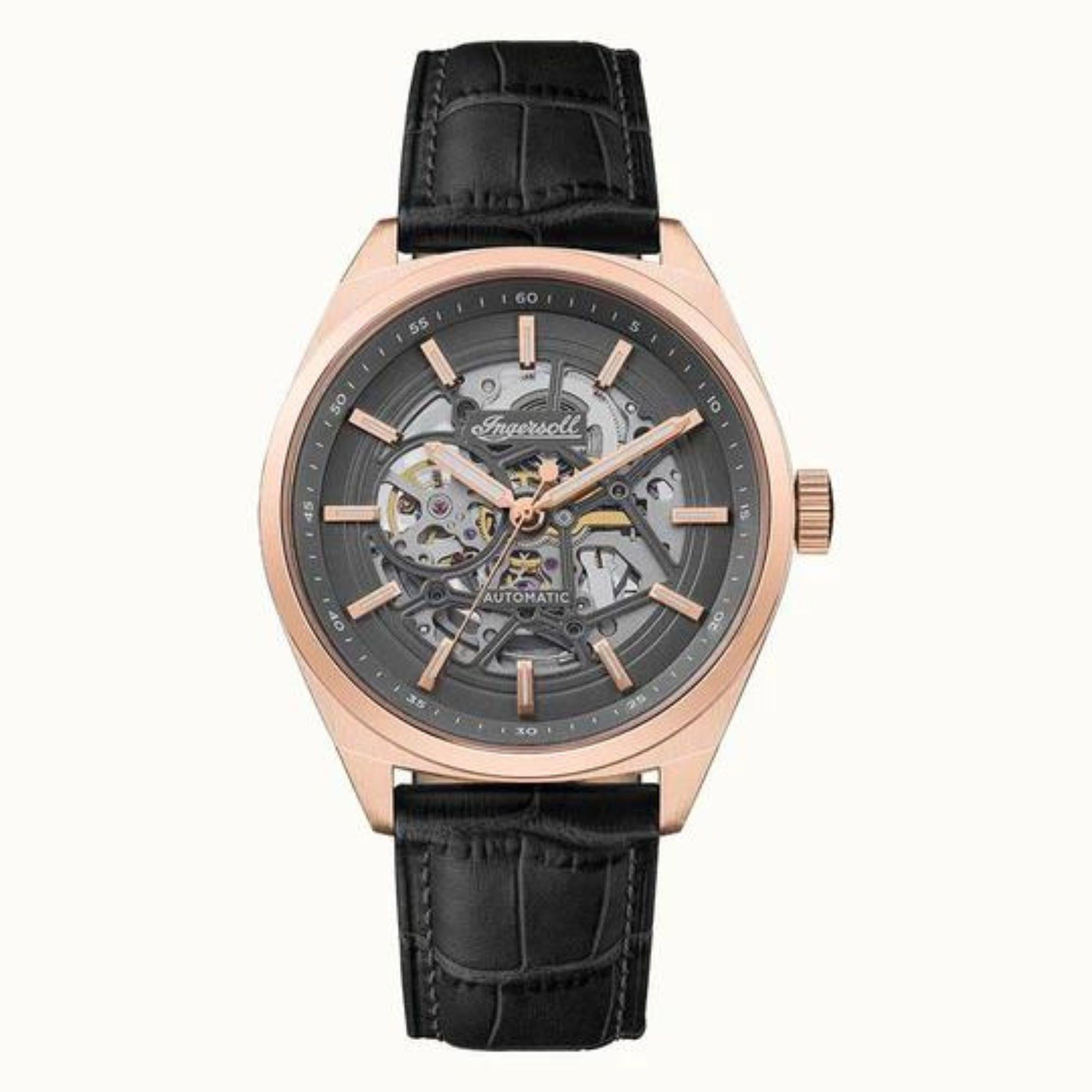 Ingersoll 1892 The Shelby Automatische Herrenarmbanduhr mit Grauem Zifferblatt und Schwarzem Lederarmband - I12002