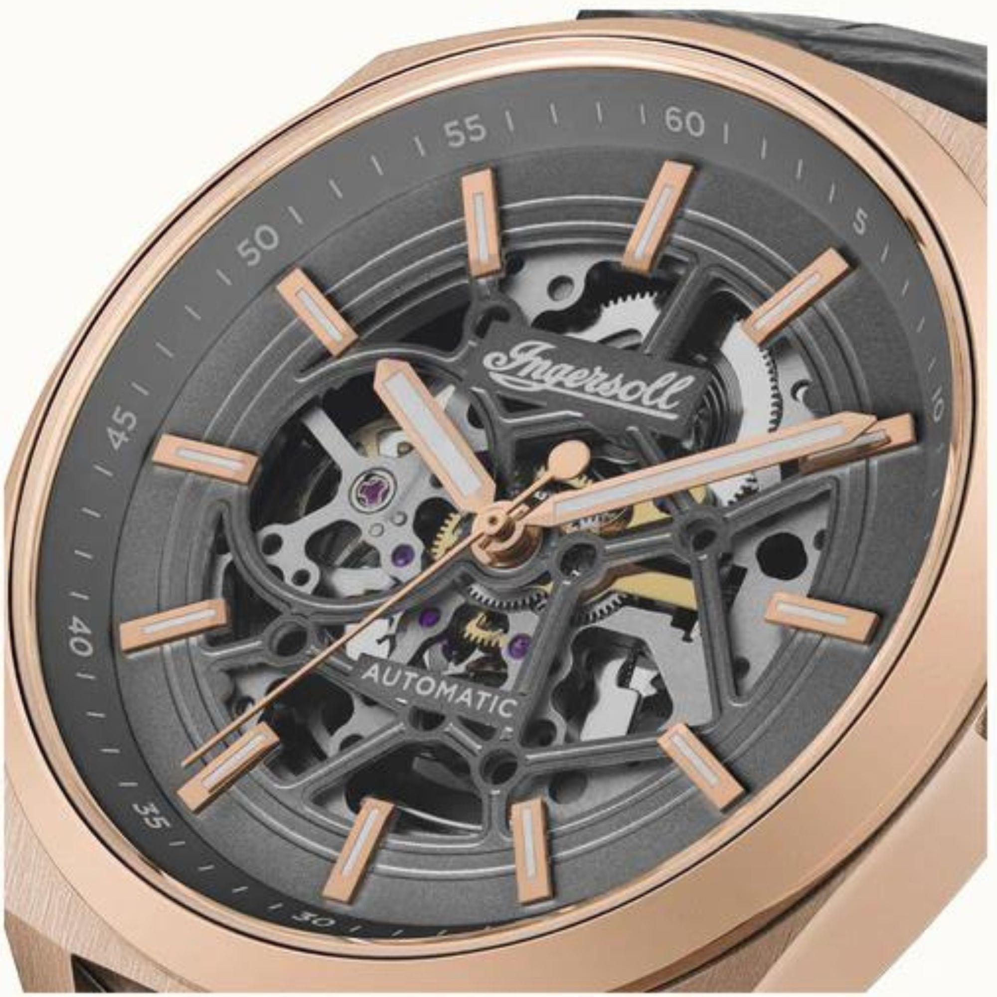 Ingersoll 1892 The Shelby Automatische Herrenarmbanduhr mit Grauem Zifferblatt und Schwarzem Lederarmband - I12002