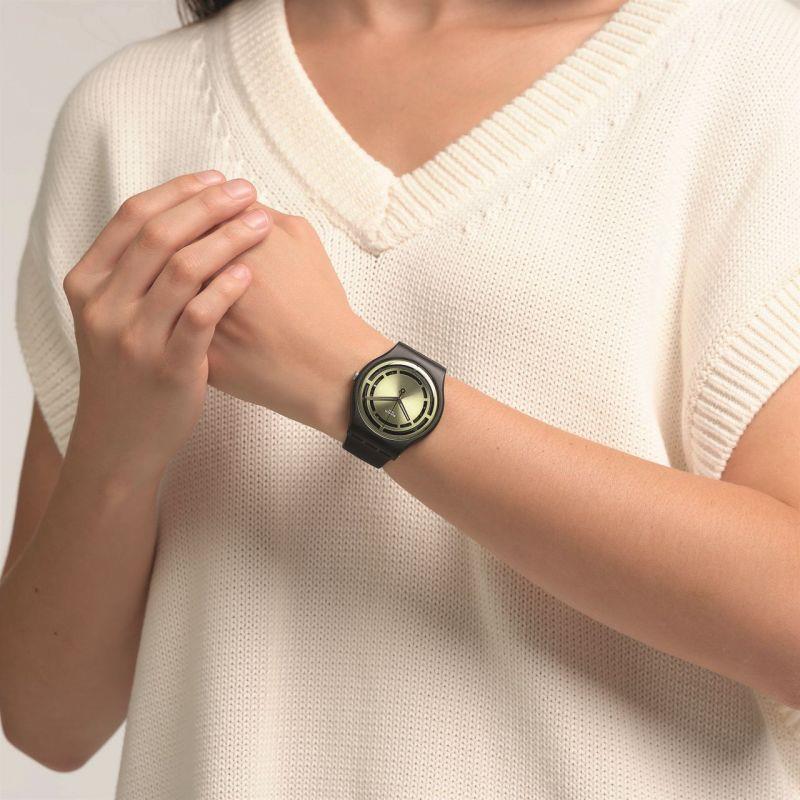 Swatch Leafy Line Green Dial Black Silicone Strap Watch SO32B117