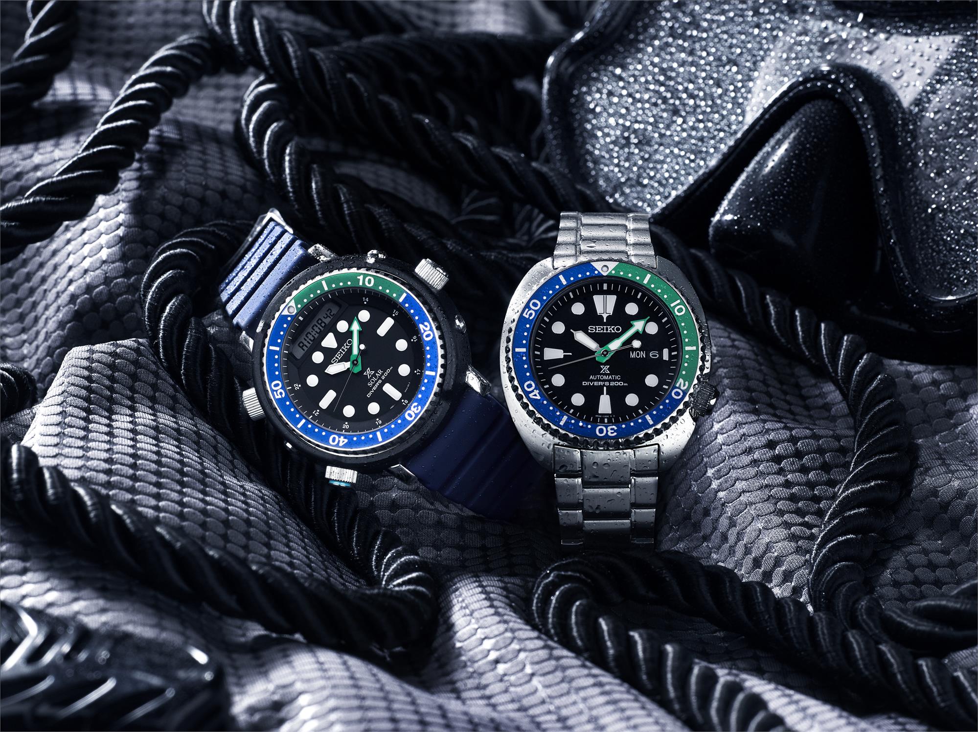 Seiko Prospex Tuna Tropical Lagoon Schwarzes Zifferblatt Blaues Silikon Armband Herren Uhr SNJ039P1