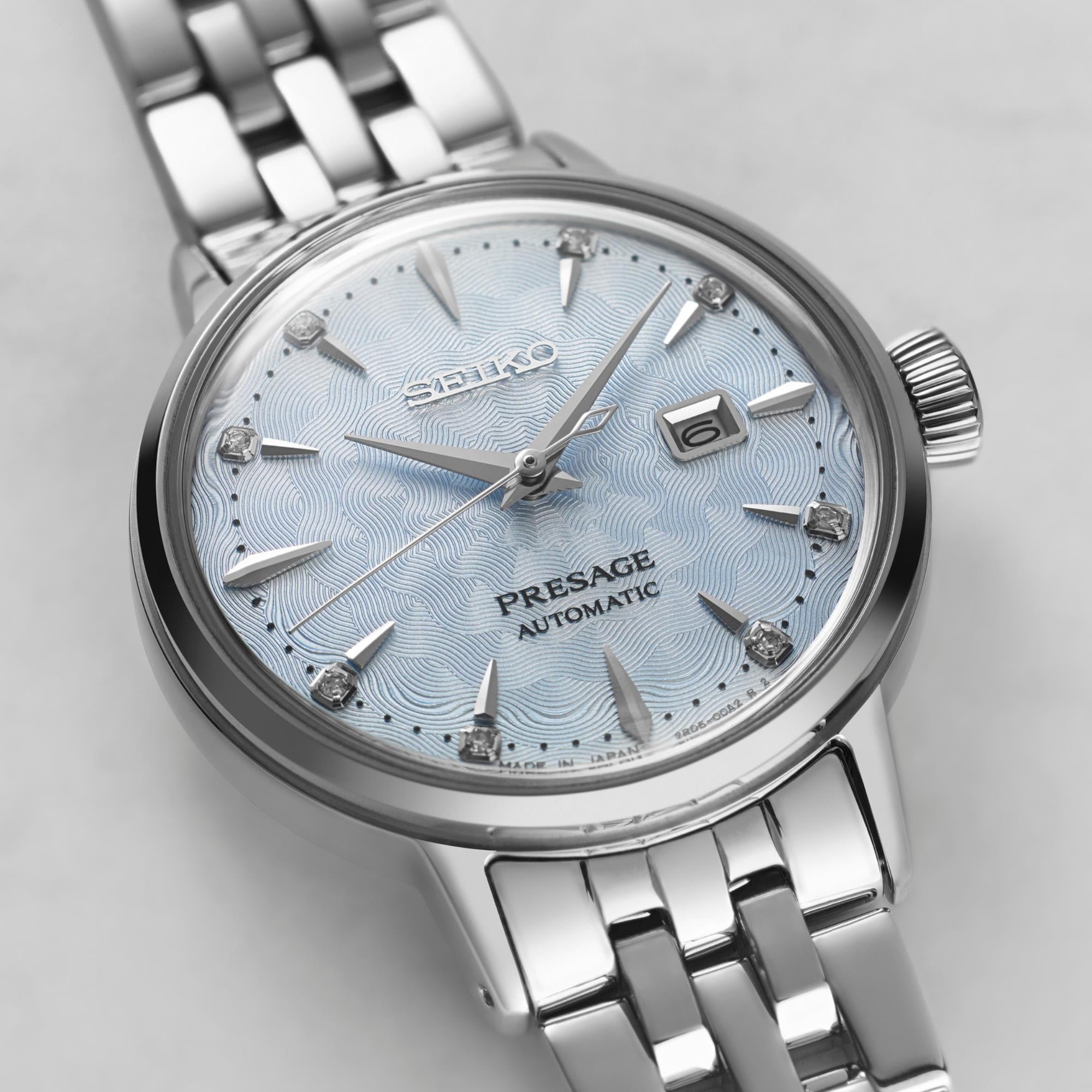 Seiko Presage Cocktail Time Skydiving Diamond Twist Automatik Blaues Zifferblatt Damen Uhr SRE007J1