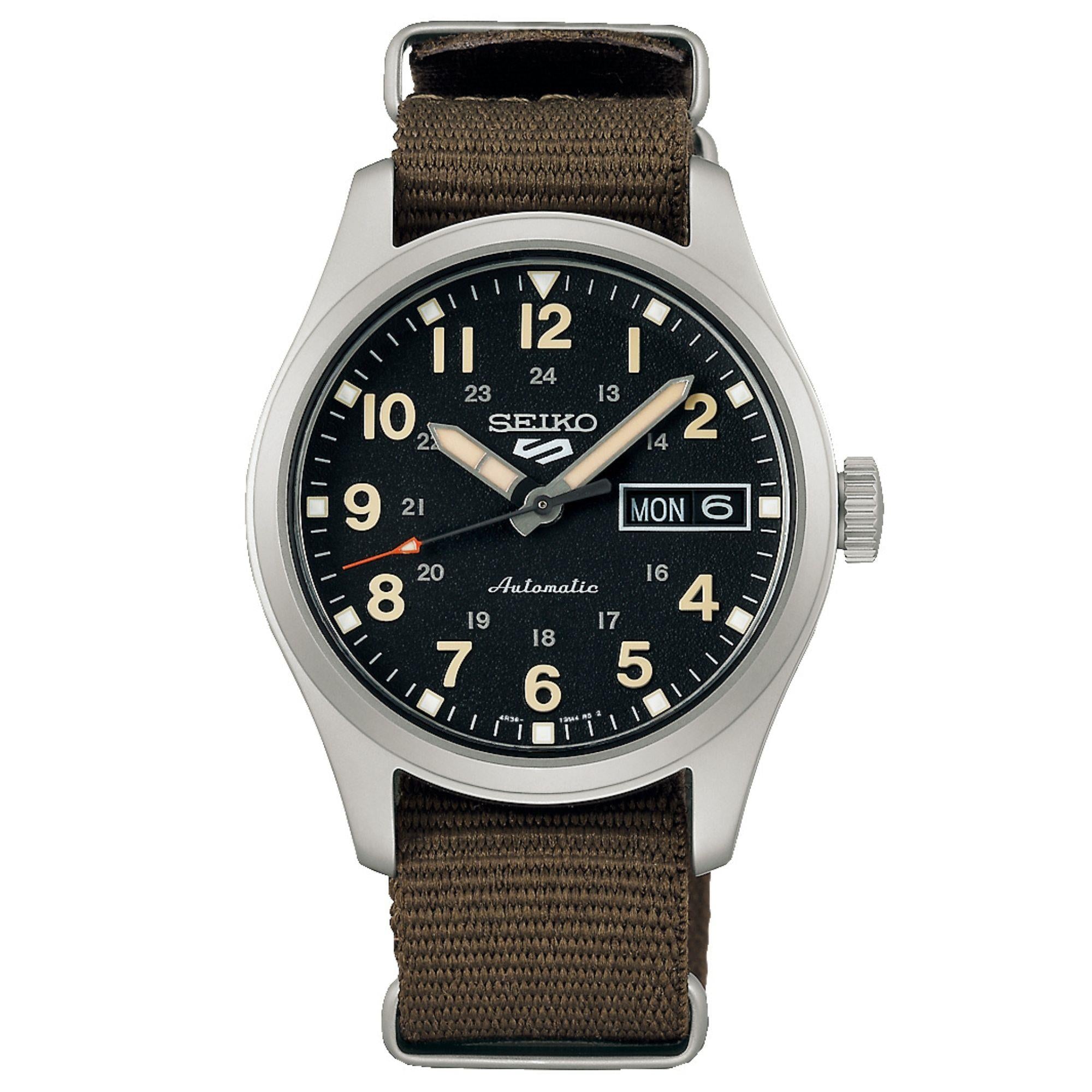 Seiko 5 Sports 'Green Zone' Midfield Automatic Black Dial Green NATO Strap Watch SRPJ85K1