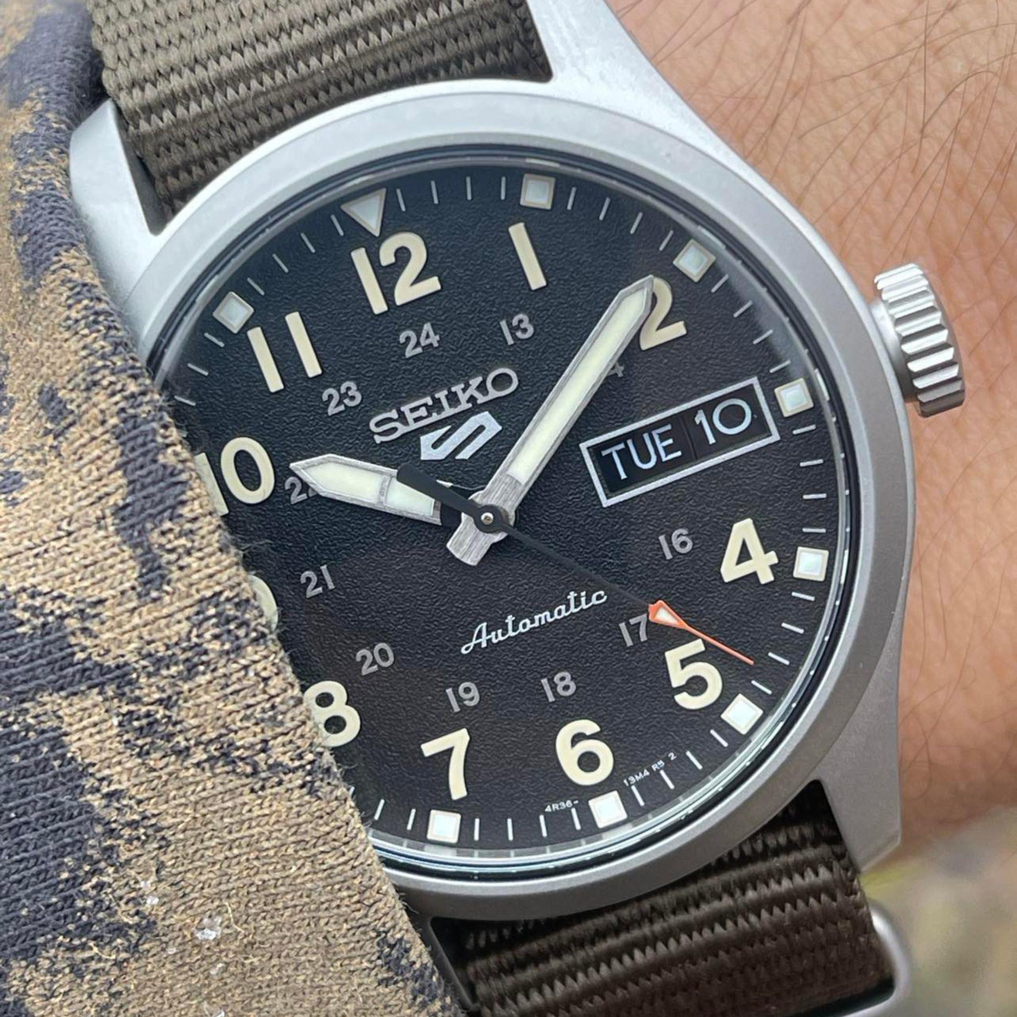 Seiko 5 Sports 'Green Zone' Midfield Automatic Black Dial Green NATO Strap Watch SRPJ85K1