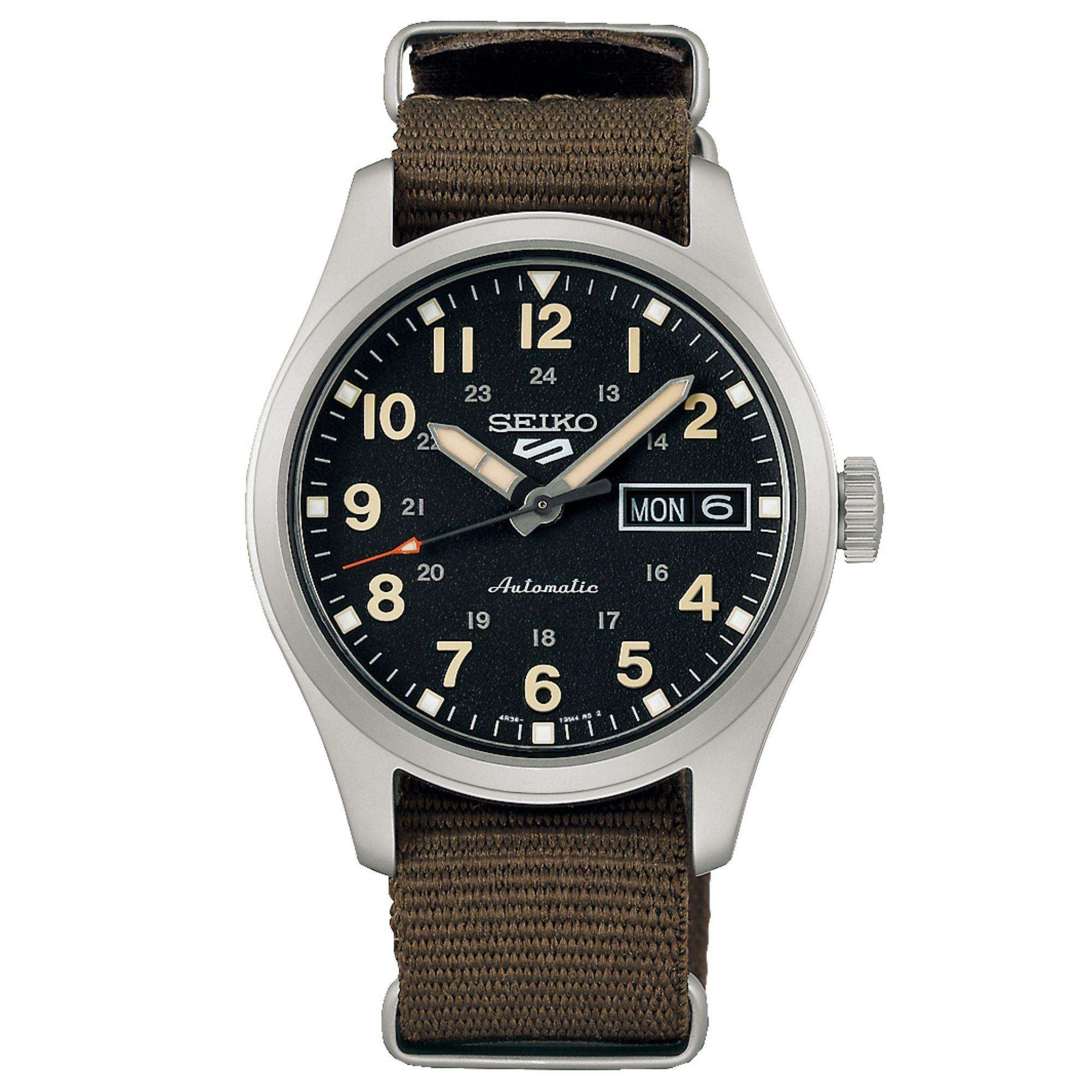 Seiko 5 Sports 'Green Zone' Midfield Automatic Black Dial Green NATO Strap Watch SRPJ85K1