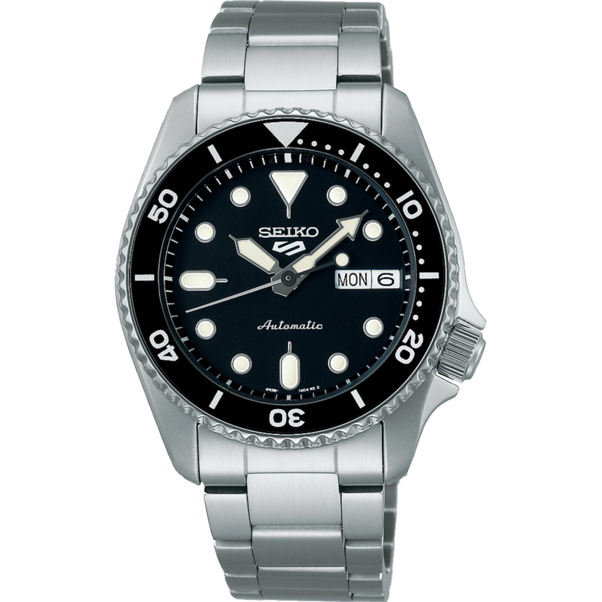 Seiko watch with black dial and silver metal strap on a white background