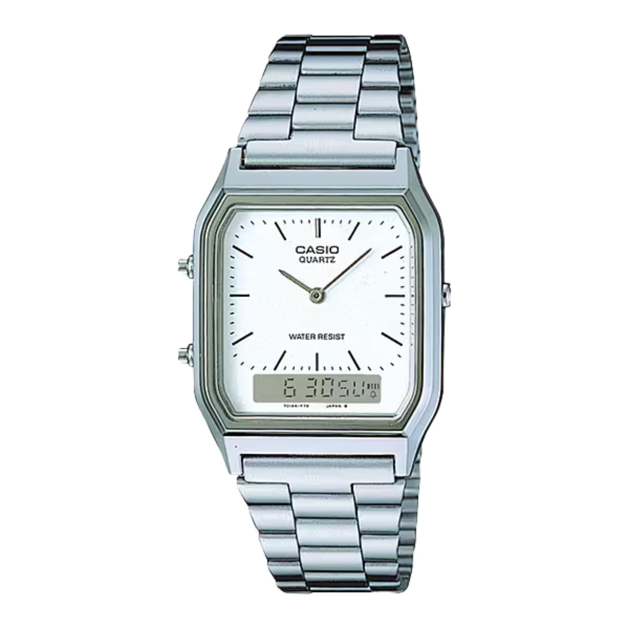 Casio Vintage Quarz Weißes Zifferblatt Stahlarmband Uhr AQ-230A-7DMQYES