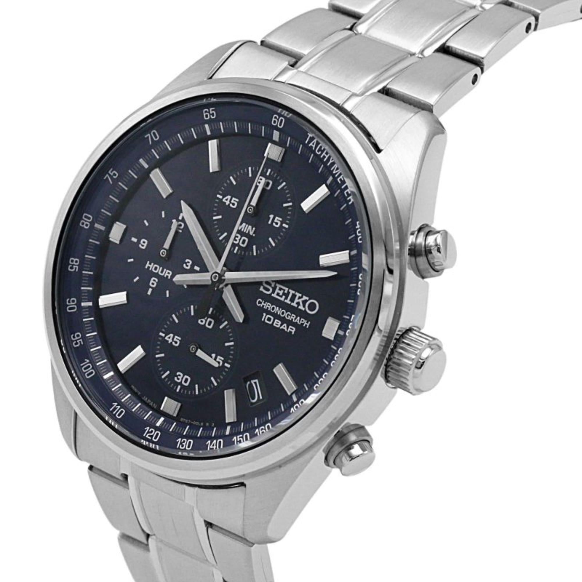 Seiko Essentials SSB377P1 Chronograph Blue Dial with stainless steel bracelet and case close-up