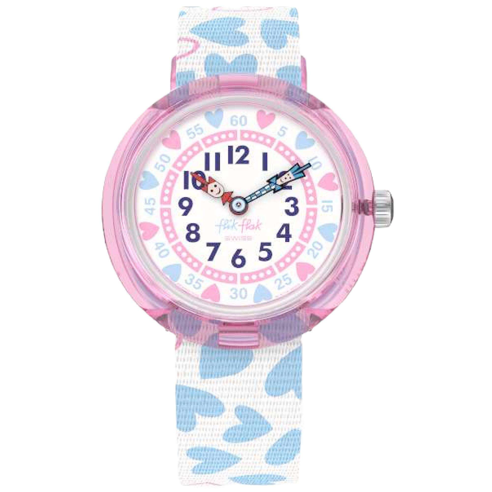 Flik Flak Colour Crush Kinderuhr mit weißem und blauem Stoffherzarmband FBNP192