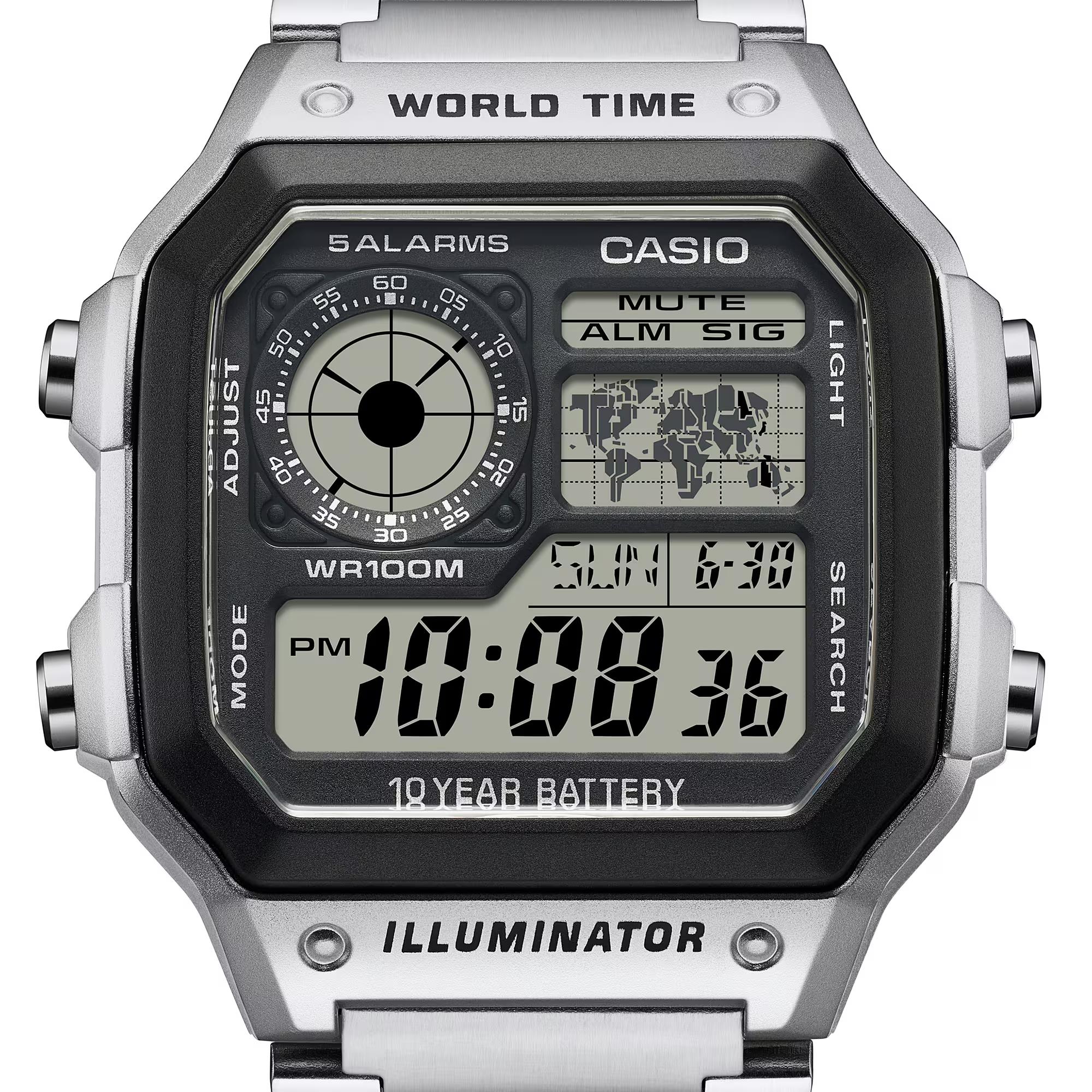 Casio Vintage Weltzeituhr Quarz Digital Stahlarmband Herren Uhr AE-1200WHD-1AVEF