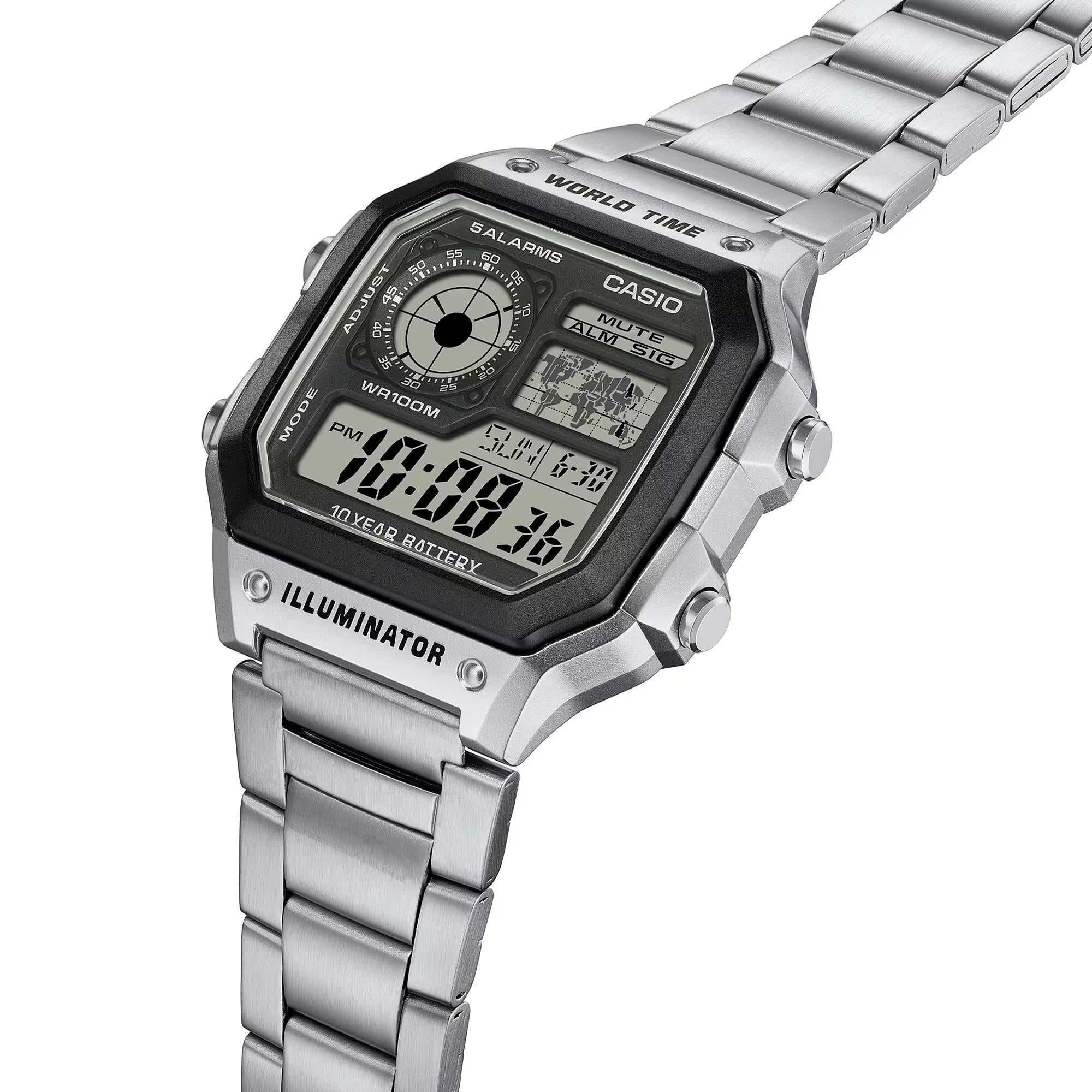 Casio Vintage Weltzeituhr Quarz Digital Stahlarmband Herren Uhr AE-1200WHD-1AVEF