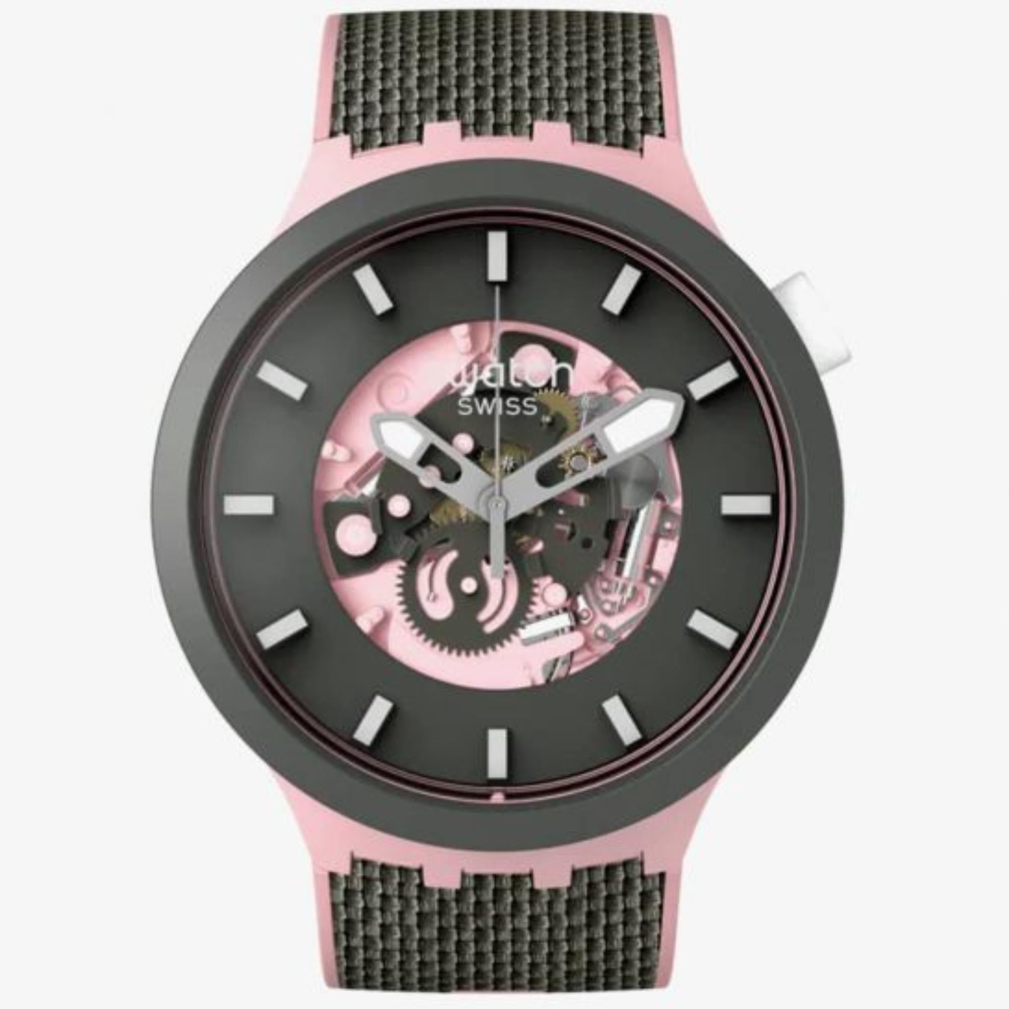 Swatch MISTY CLIFFS Big Bold Schwarz/Rosa Zifferblatt Damen Uhr SB05P100