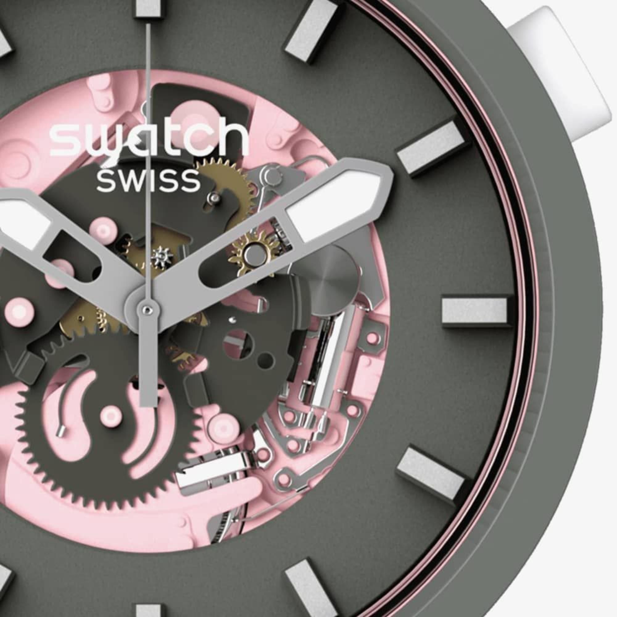 Swatch MISTY CLIFFS Big Bold Schwarz/Rosa Zifferblatt Damen Uhr SB05P100