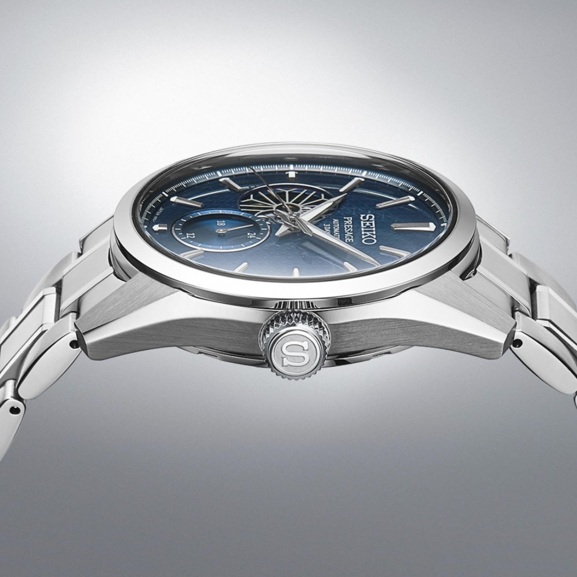 Seiko Presage ‘Ao’ Sharp-Edged Open Heart 3 Tage Automatik Blaues Zifferblatt Herren Uhr SPB417J1