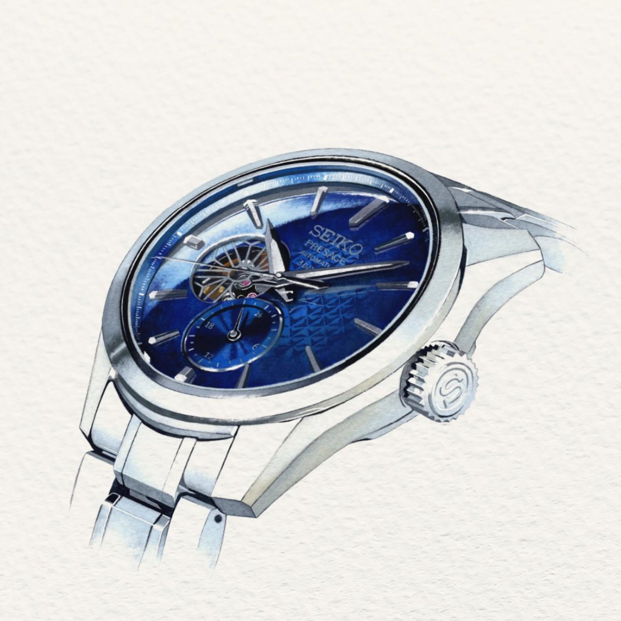 Seiko Presage ‘Ao’ Sharp-Edged Open Heart 3 Tage Automatik Blaues Zifferblatt Herren Uhr SPB417J1
