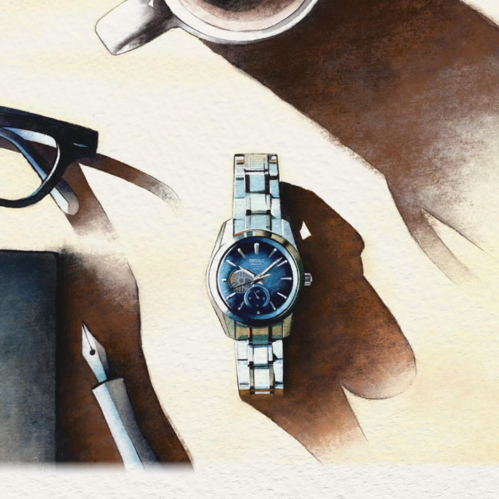 Seiko Presage ‘Ao’ Sharp-Edged Open Heart 3 Tage Automatik Blaues Zifferblatt Herren Uhr SPB417J1