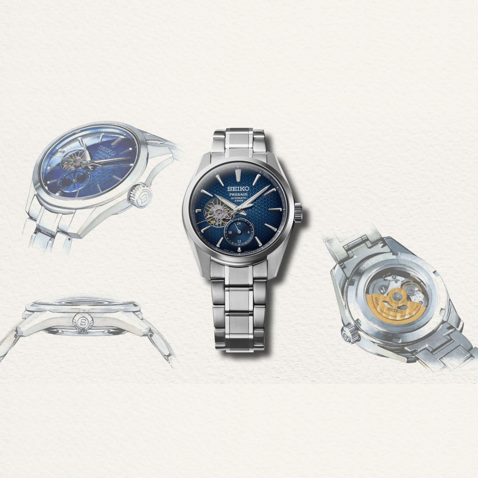 Seiko Presage ‘Ao’ Sharp-Edged Open Heart 3 Tage Automatik Blaues Zifferblatt Herren Uhr SPB417J1