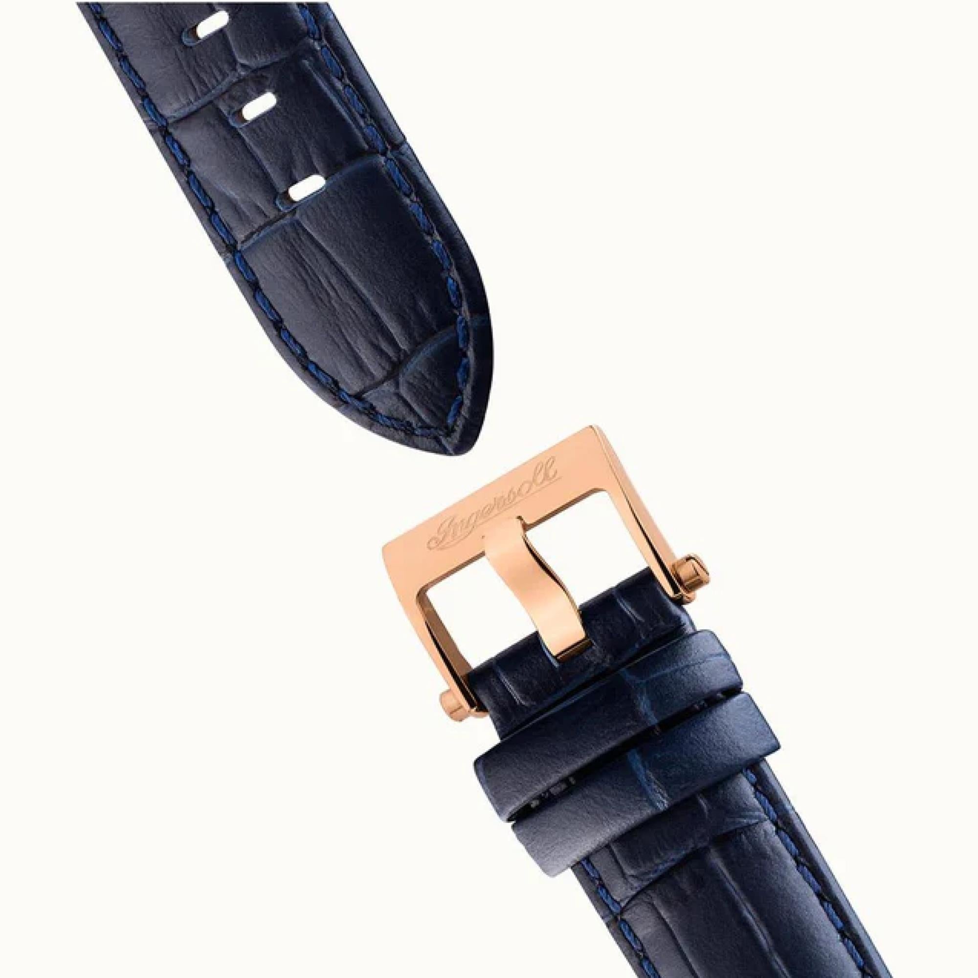 Ingersoll The Swing 1892 Herren Automatik Uhr Blaues Zifferblatt Blaues Lederarmband I12702
