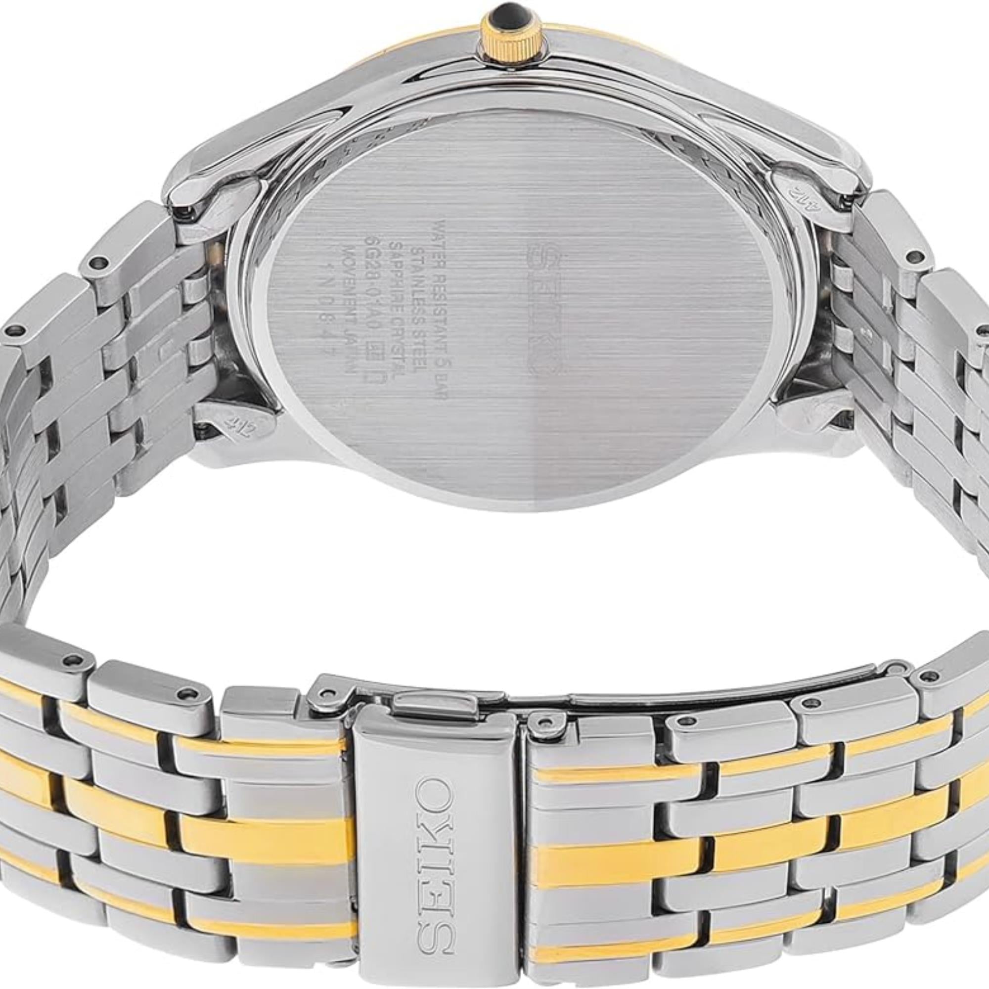 Seiko Essentials 39mm watch showcasing the stainless steel case back with a two-tone gold and silver link bracelet with a clasp