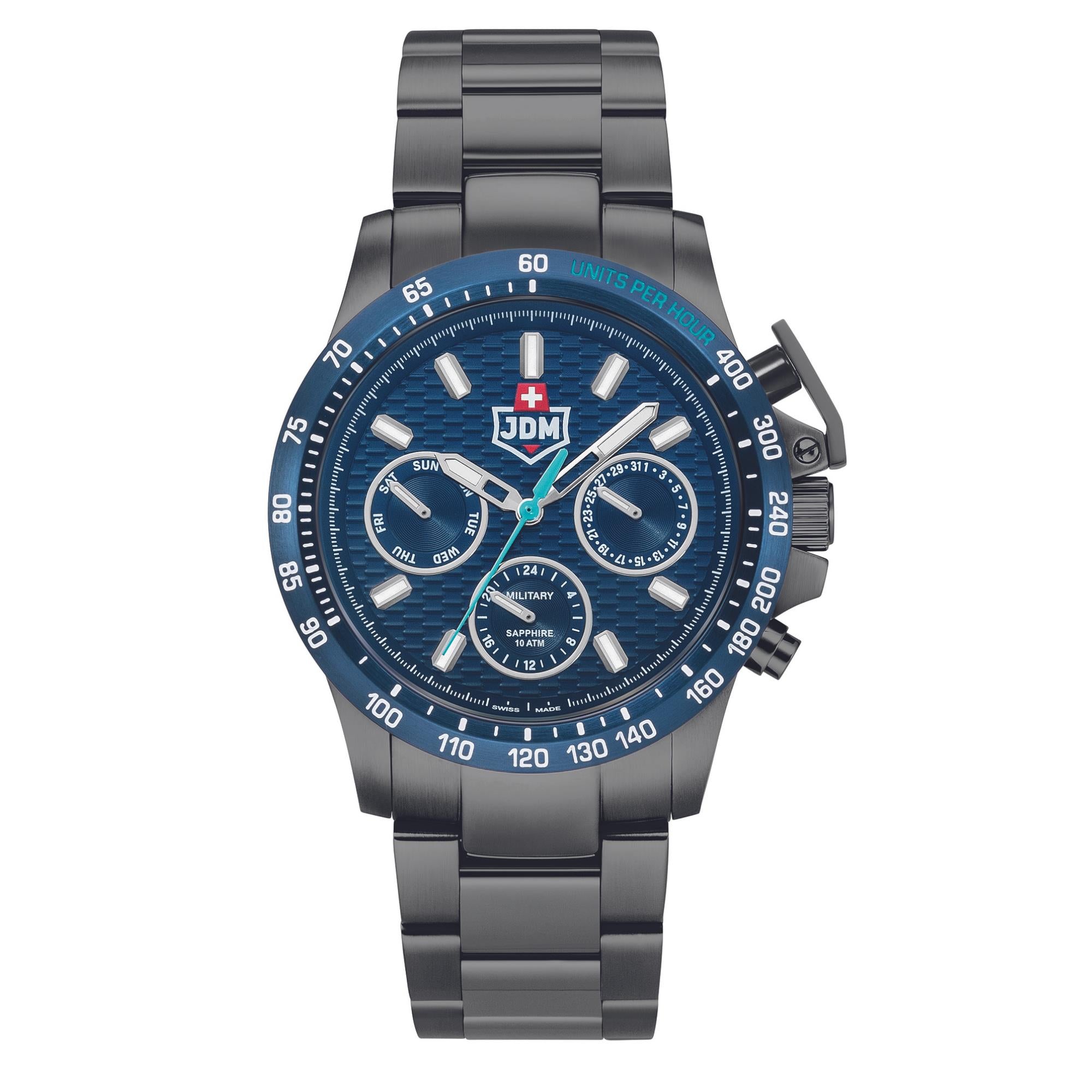 JDM Military Charlie Uhr mit blauem Zifferblatt und Gun IP Edelstahlarmband für Herren JDM-WG016-03