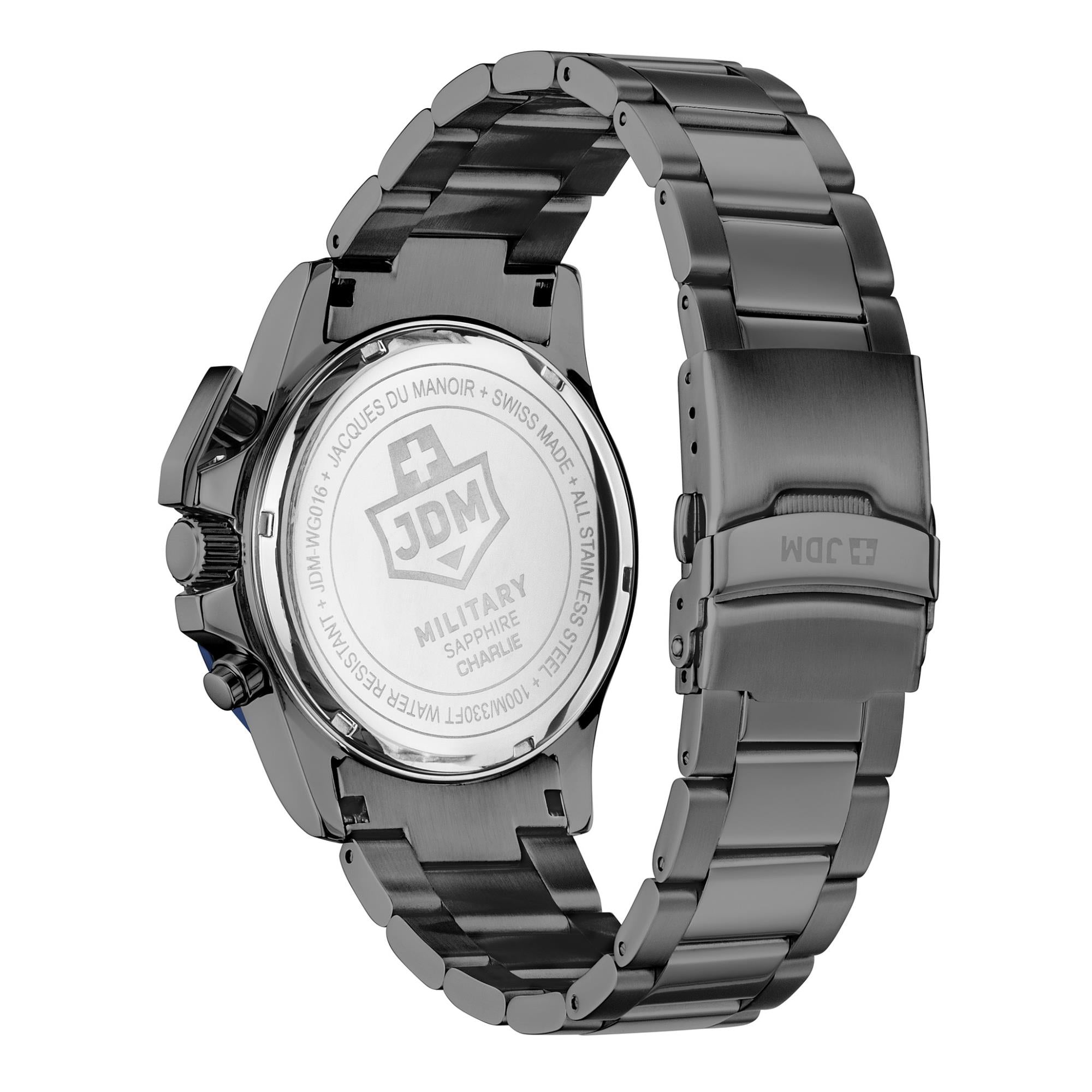 JDM Military Charlie Uhr mit blauem Zifferblatt und Gun IP Edelstahlarmband für Herren JDM-WG016-03