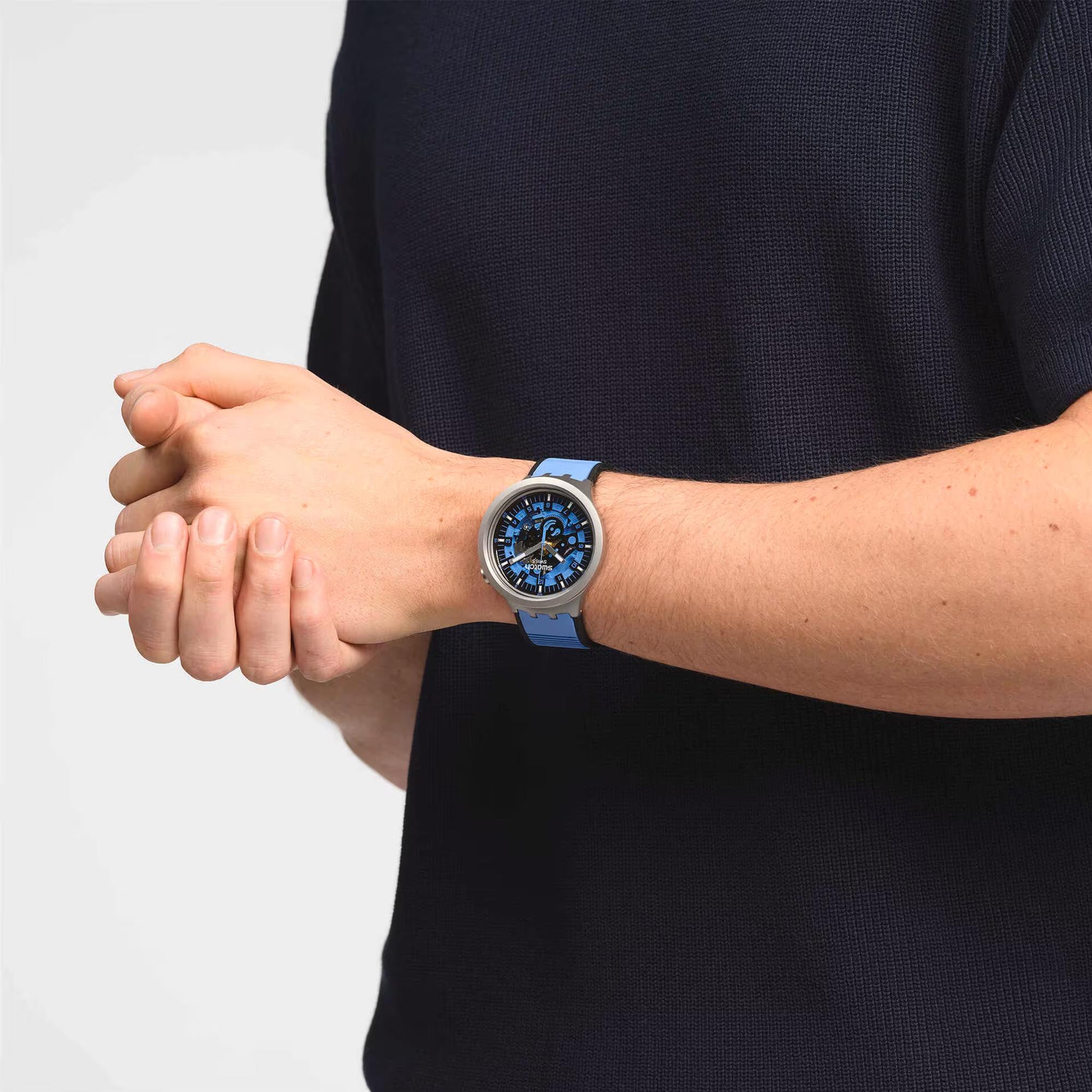 Swatch Big Bold Irony Blauer Gummiarmband Blaues Zifferblatt Quarz Uhr SB07S106