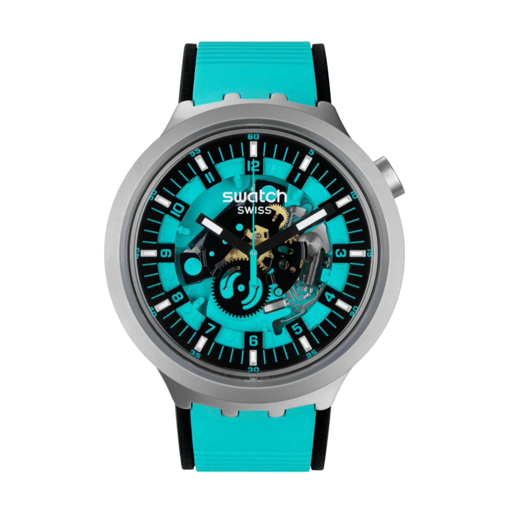 Swatch Big Bold Irony Minz Trim Quarz Türkis Zifferblatt Türkises Gummiarmband Unisex Uhr SB07S111