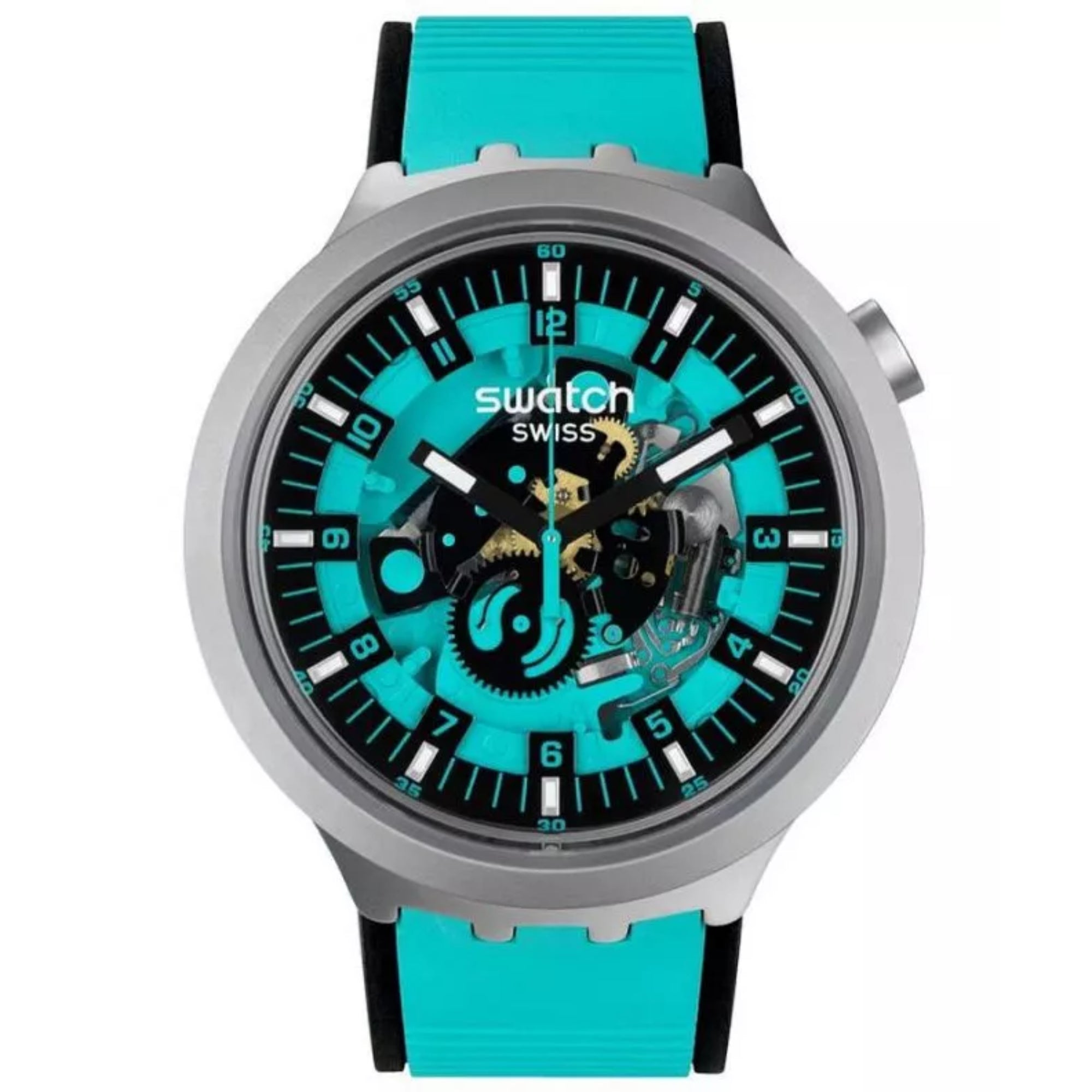 Swatch Big Bold Irony Minz Trim Quarz Türkis Zifferblatt Türkises Gummiarmband Unisex Uhr SB07S111