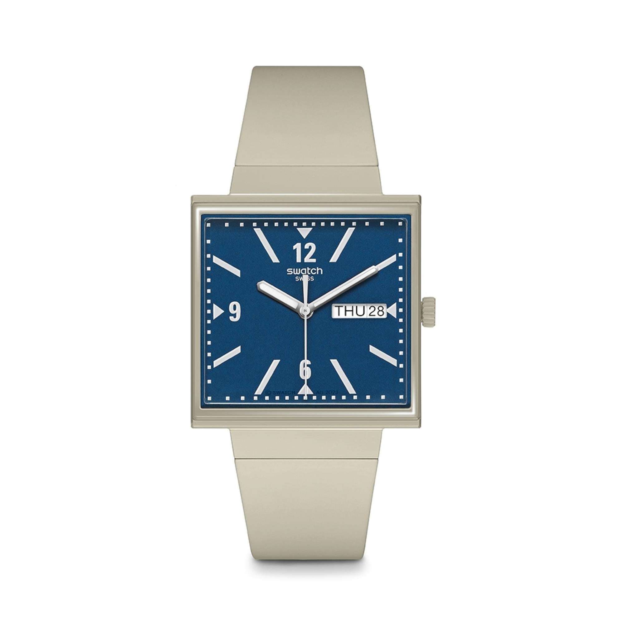 Swatch WAS WENN...BEIGE? Quadratische Biokeramik Blaues Zifferblatt Uhr SO34T700