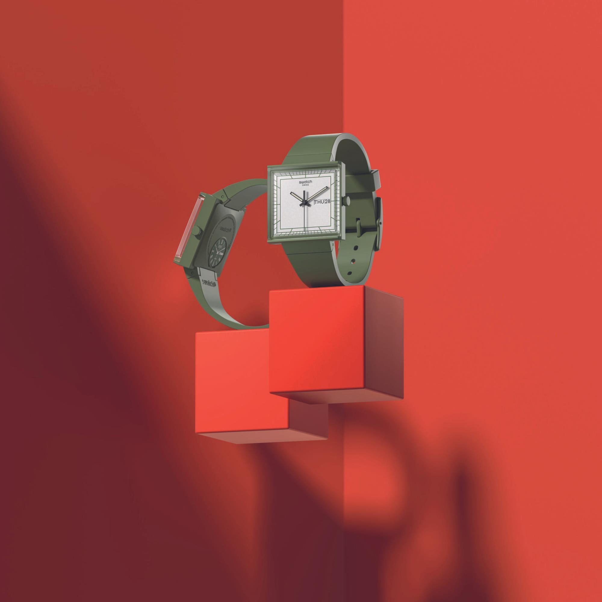 Swatch WHAT IF...GREEN? Square Bioceramic White Dial Watch SO34G700