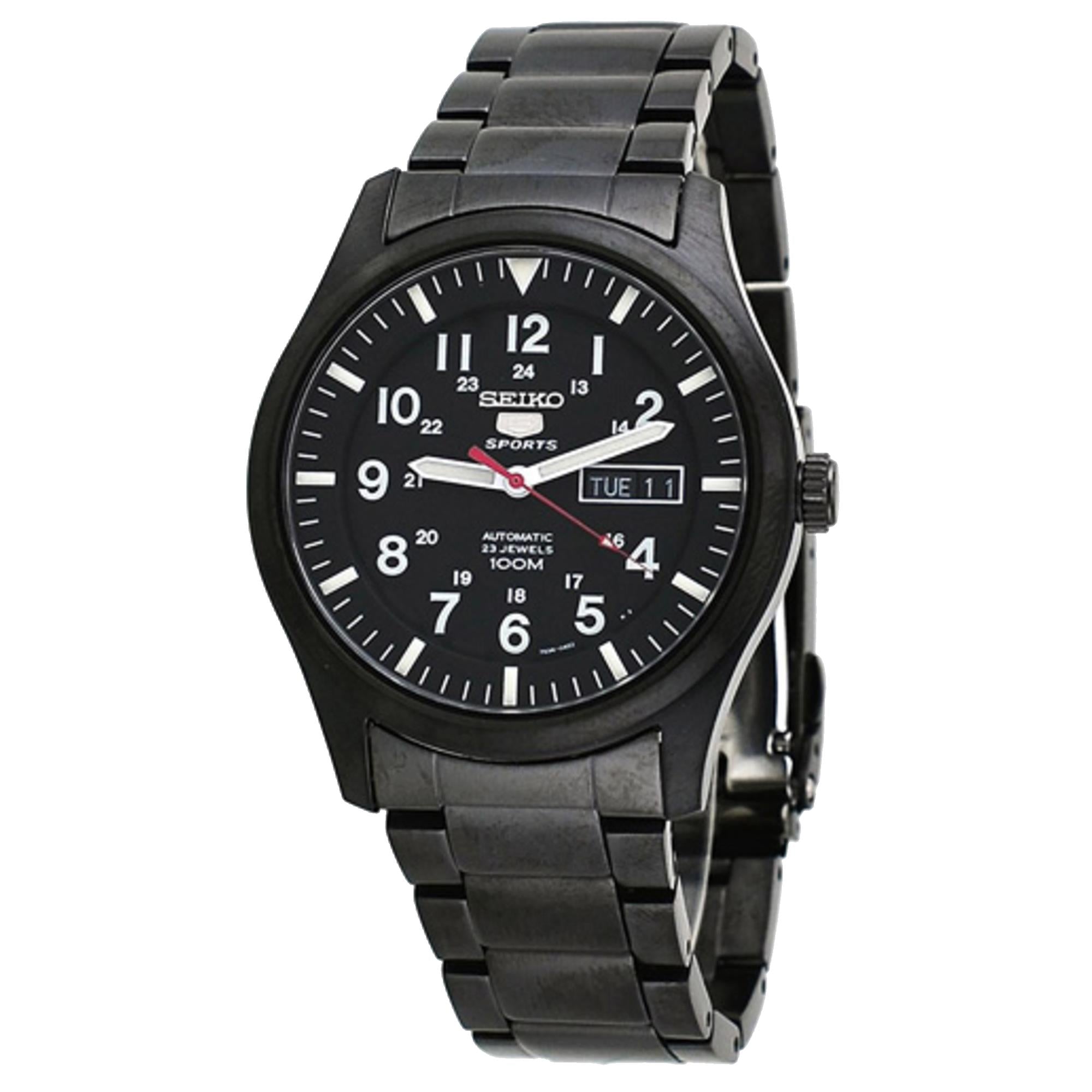 Seiko 5 Sports Automatik Uhr mit schwarzem Zifferblatt und Edelstahlarmband für Herren SNZG17K1