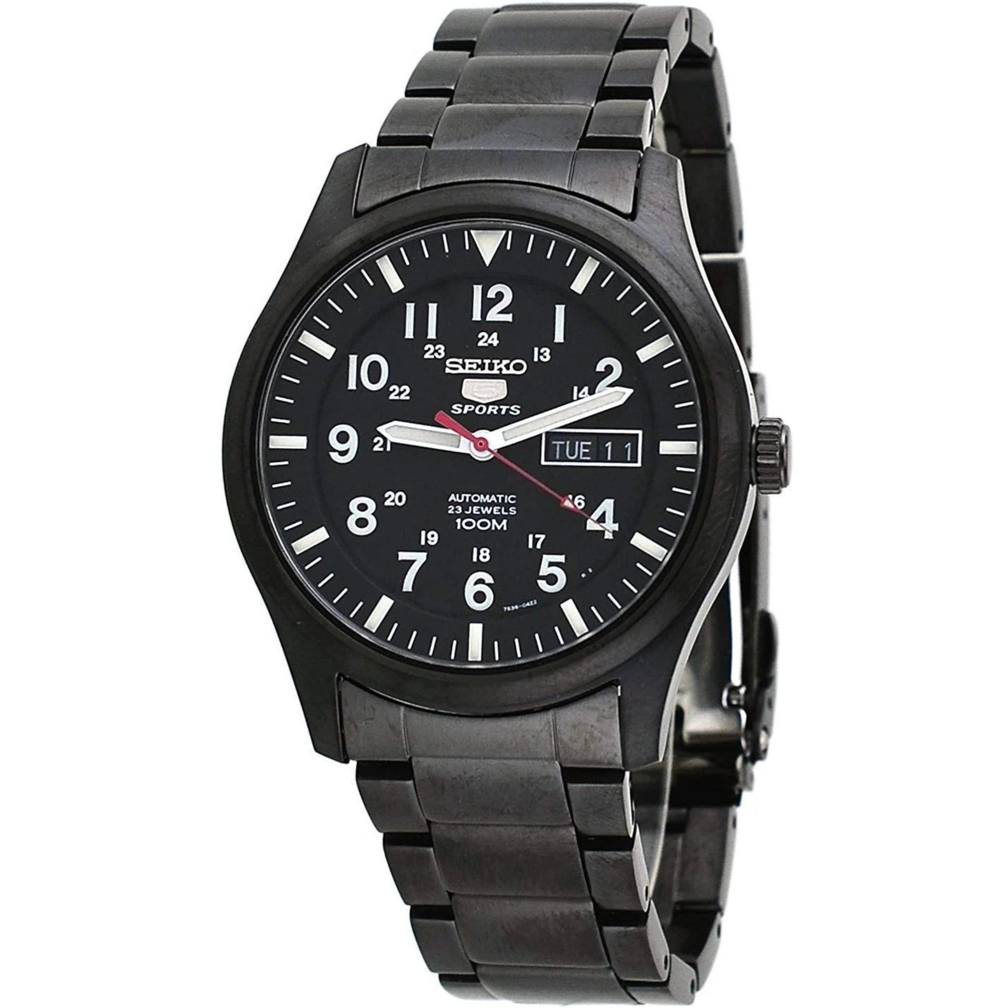 Seiko 5 Sports Automatik Uhr mit schwarzem Zifferblatt und Edelstahlarmband für Herren SNZG17K1