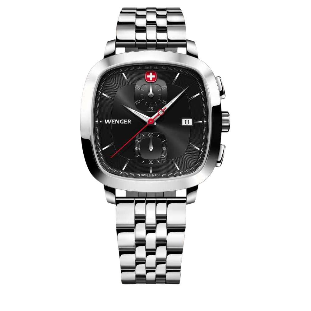 Wenger Vintage Classic Chrono Schwarzes Zifferblatt Edelstahlarmband Herren Uhr 01.1933.101