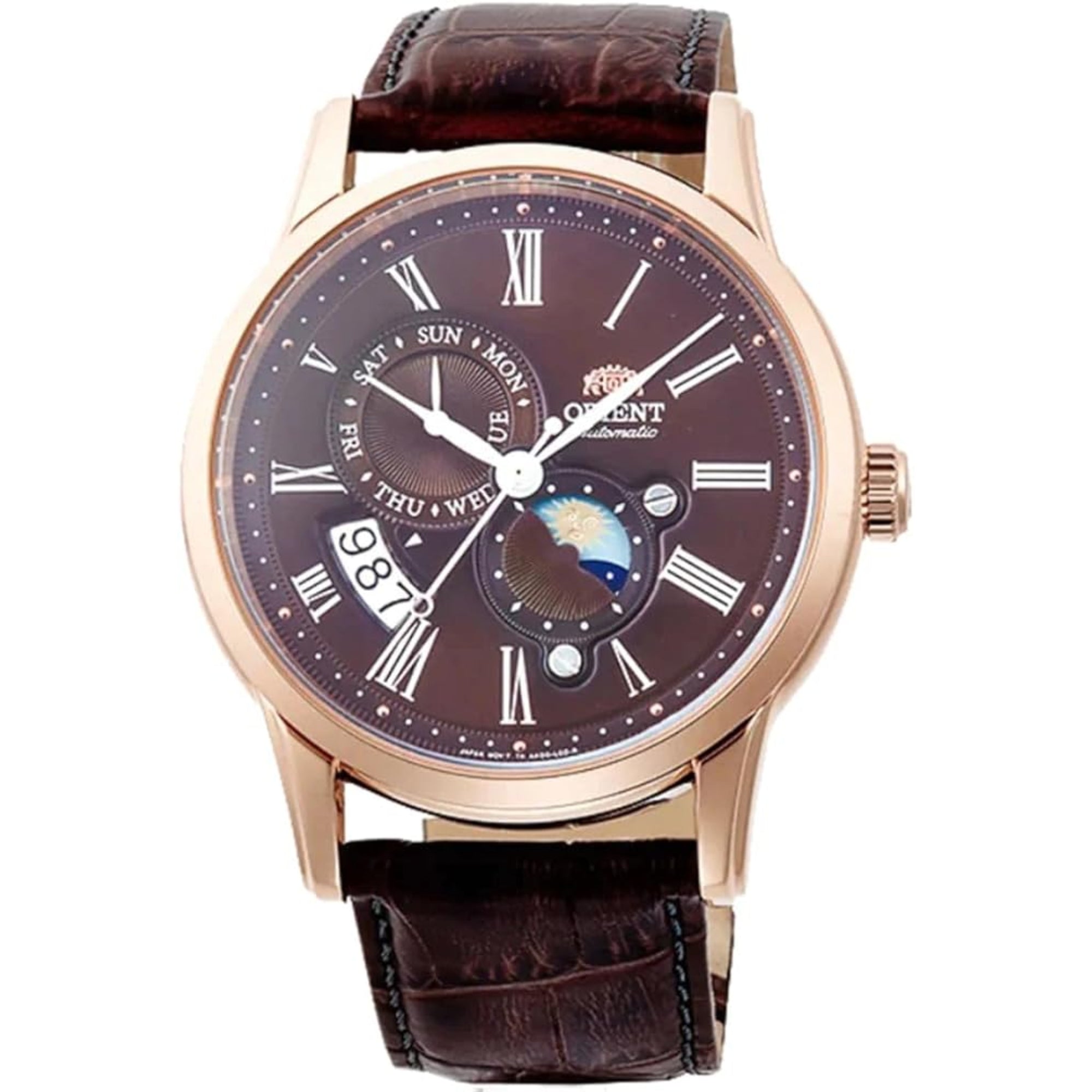 Orient Bambino 42,5mm Sonne & Mond Braunes Zifferblatt Leder Herren Automatik Uhr RA-AK0009T10B