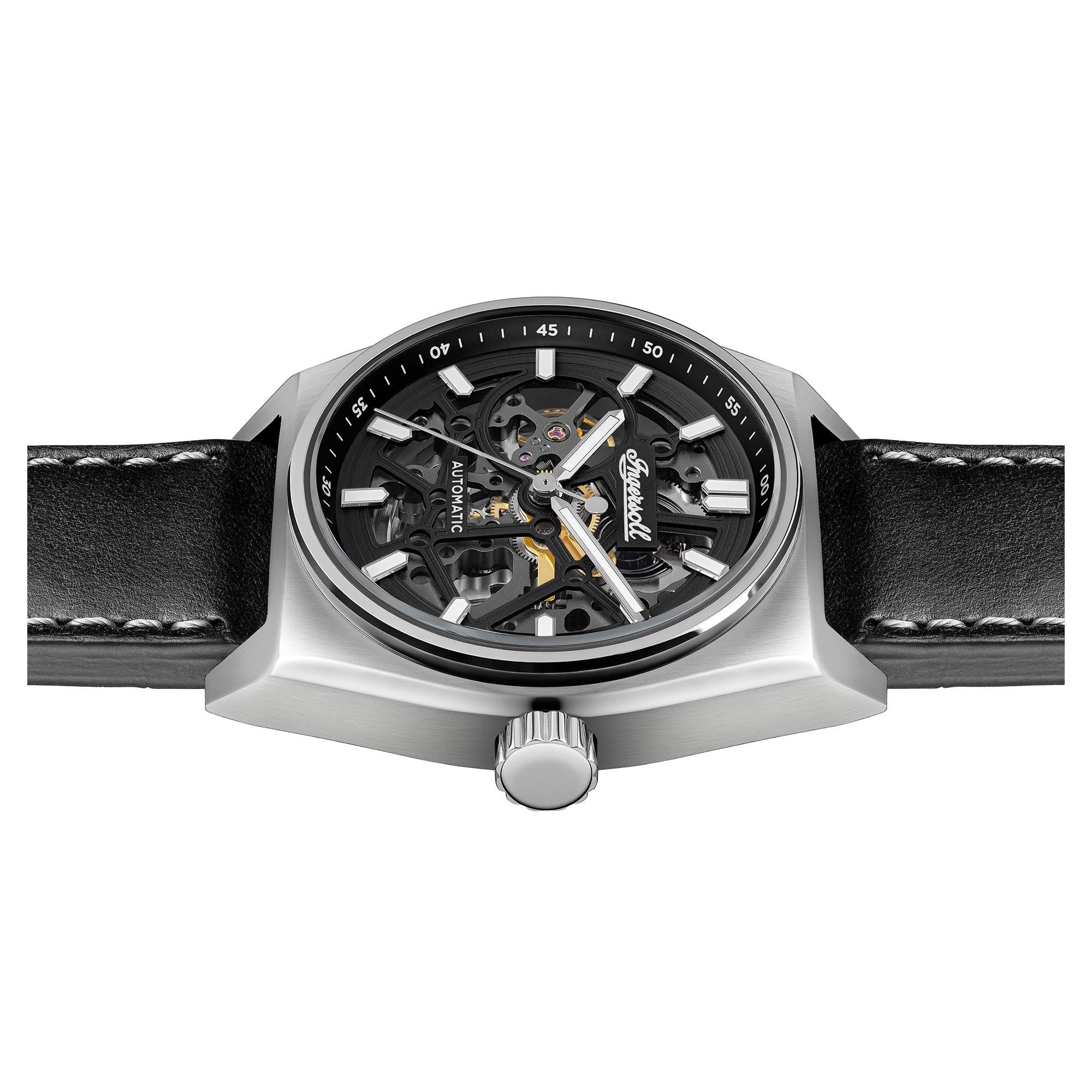 Ingersoll The Vert Automatik Schwarzes Skelett Zifferblatt Schwarzes Lederarmband Herren Uhr I14301