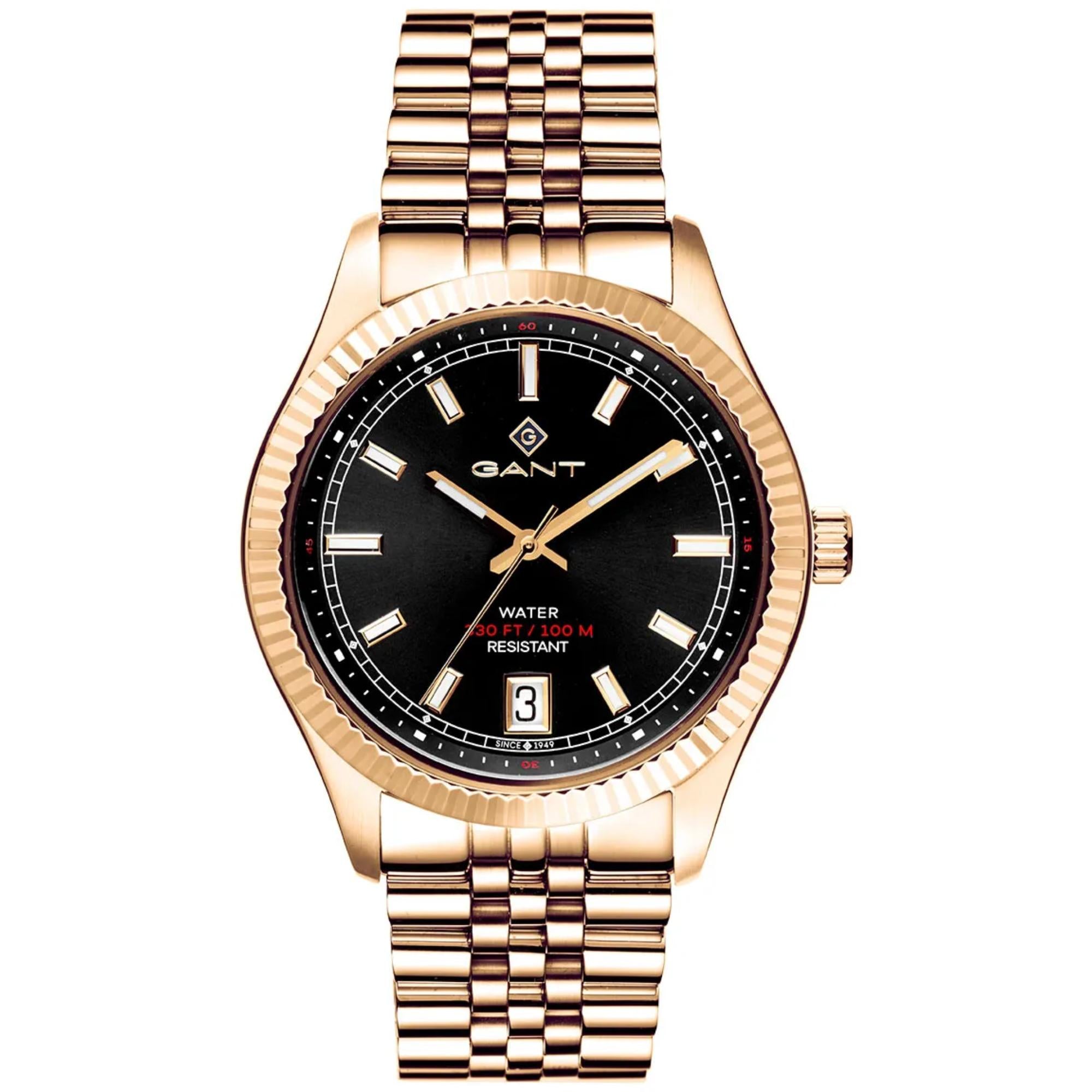 Gant Sussex 44 Quarz Schwarzes Zifferblatt Gold PVD Stahlarmband Herren Uhr G166004