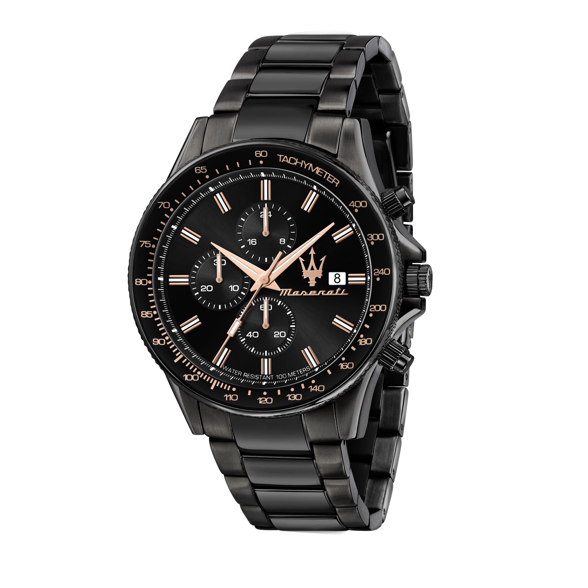 Maserati Sfidia Quarz Schwarzes Chronograph Zifferblatt Schwarzes PVD Stahlarmband Herren Uhr R8873640011