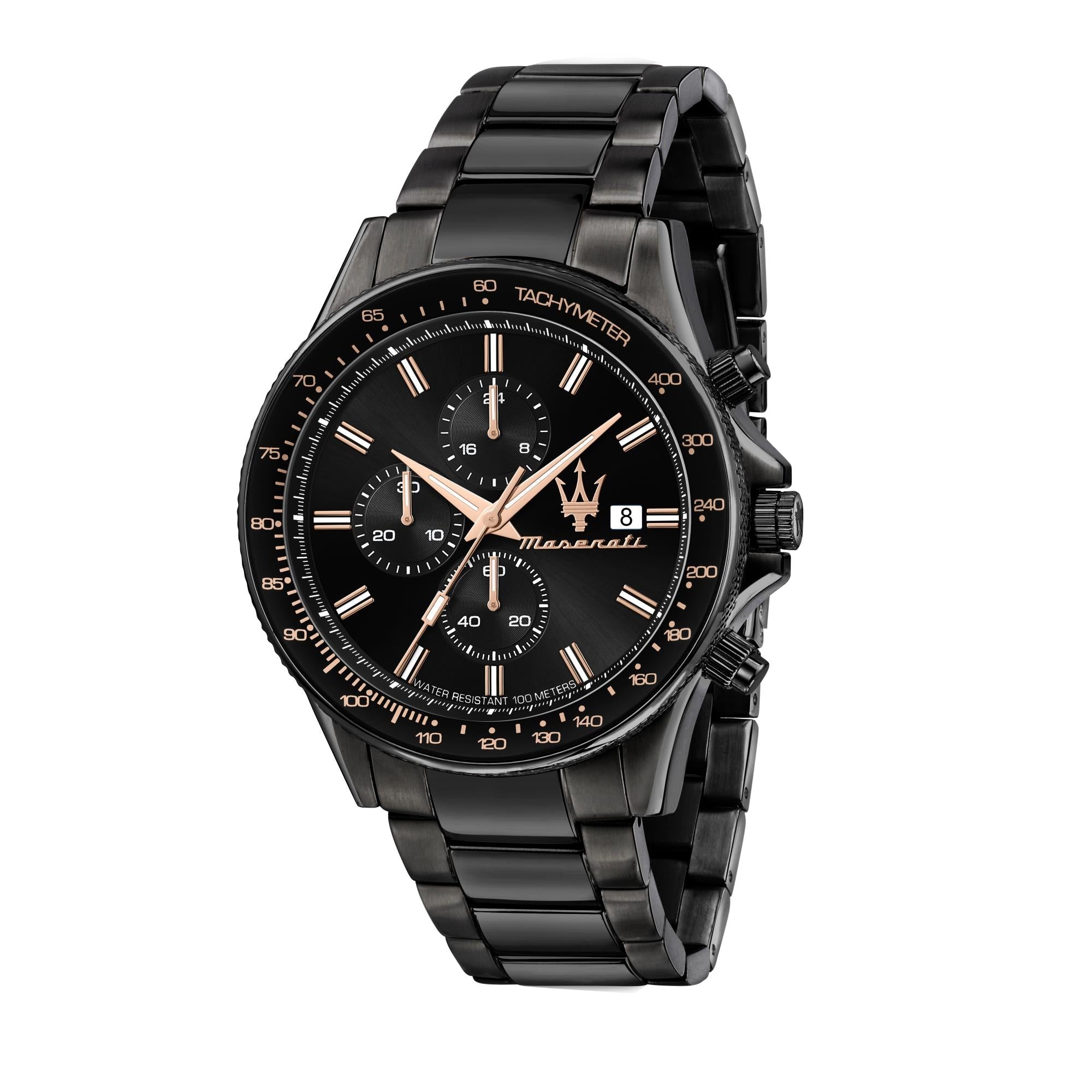 Maserati Sfidia Quarz Schwarzes Chronograph Zifferblatt Schwarzes PVD Stahlarmband Herren Uhr R8873640011