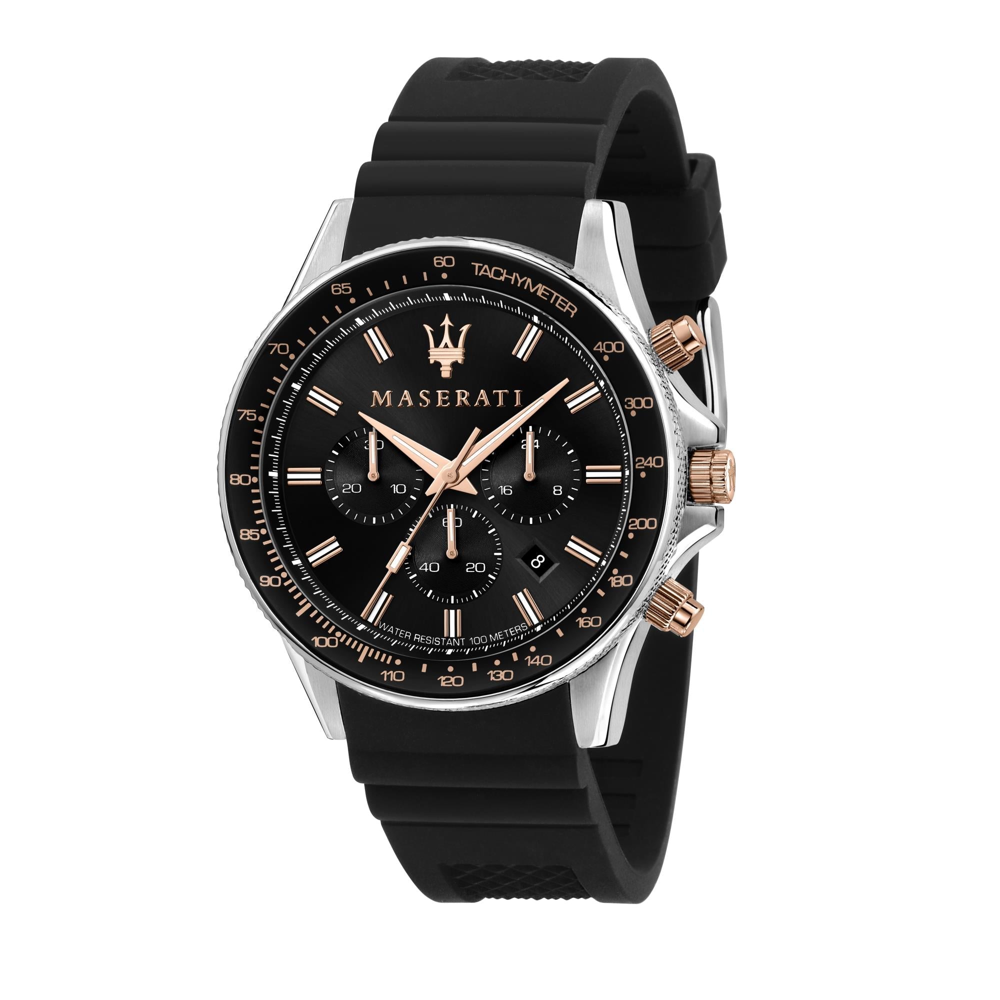 Maserati Sfidia Quarz Schwarz Chronograph Zifferblatt Schwarz Silikonarmband Herren Uhr R8871640002