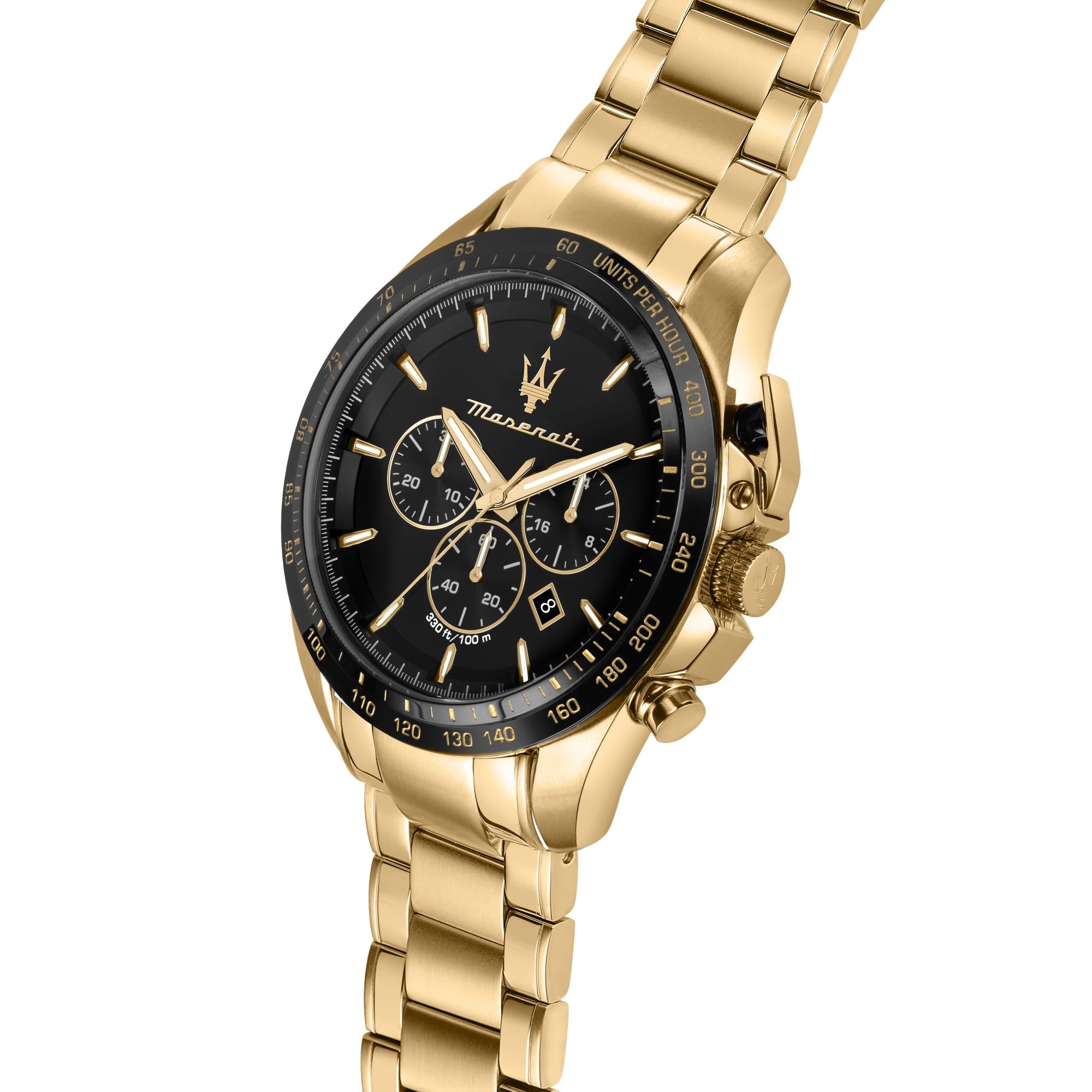 Maserati TRAGUARDO Quartz Black Chronograph Dial Gold PVD Steel Bracelet Men’s Watch R8873612041