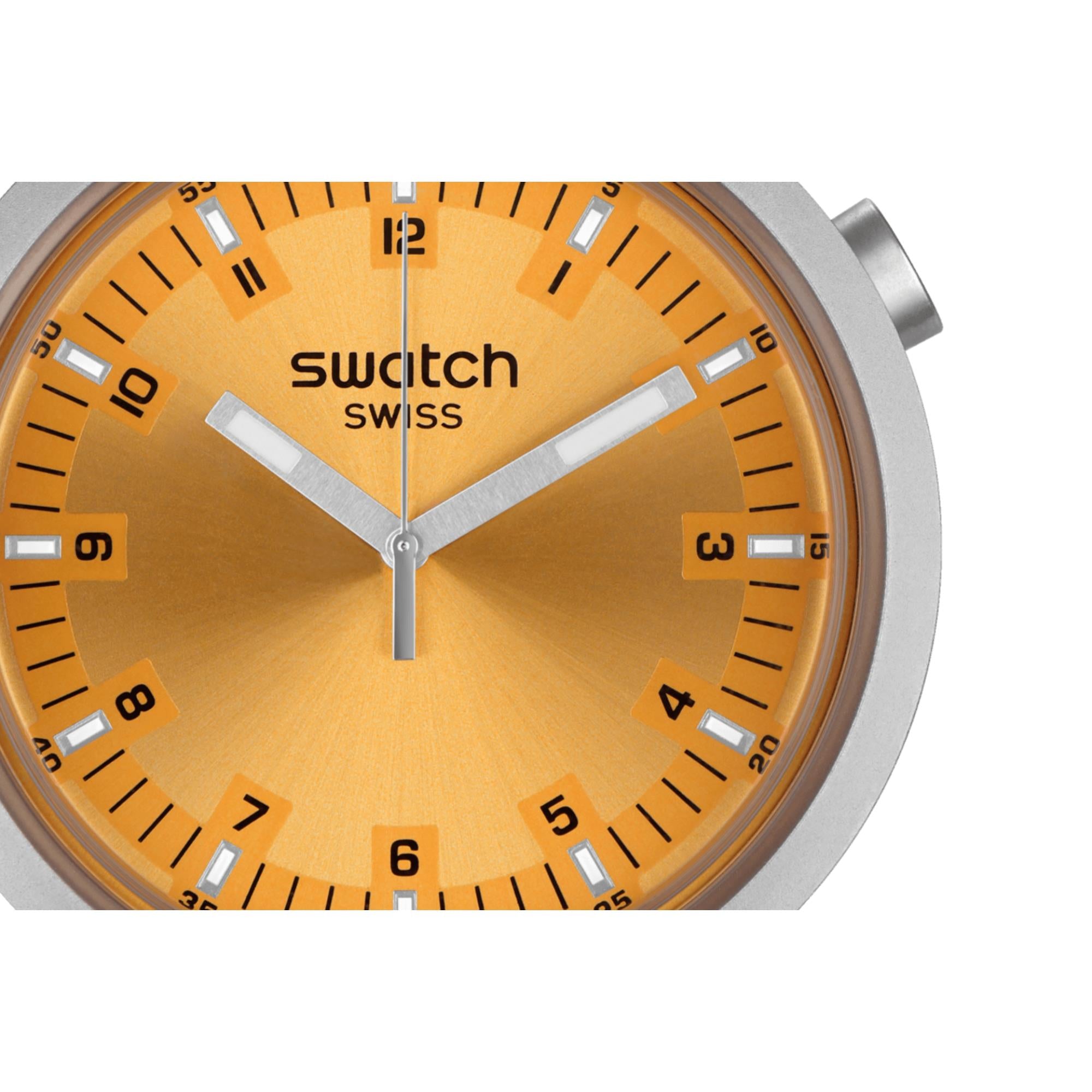 Swatch Big Bold Amber Sheen Quarz Orange Zifferblatt Edelstahlarmband Unisex Uhr SB07S103G