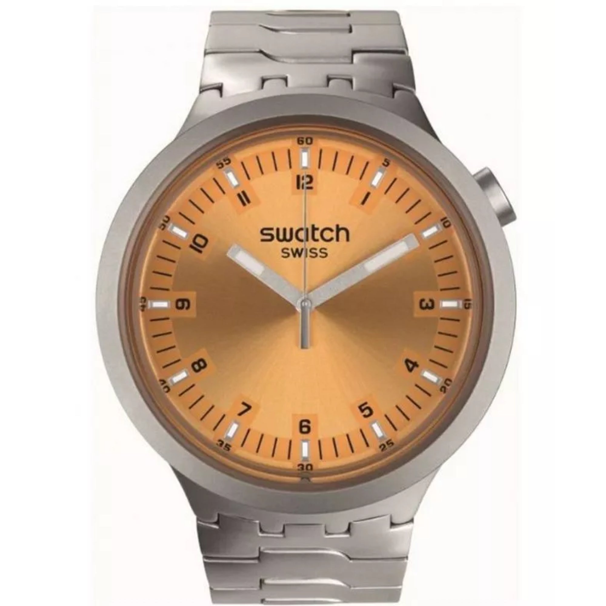 Swatch Big Bold Amber Sheen Quarz Orange Zifferblatt Edelstahlarmband Unisex Uhr SB07S103G