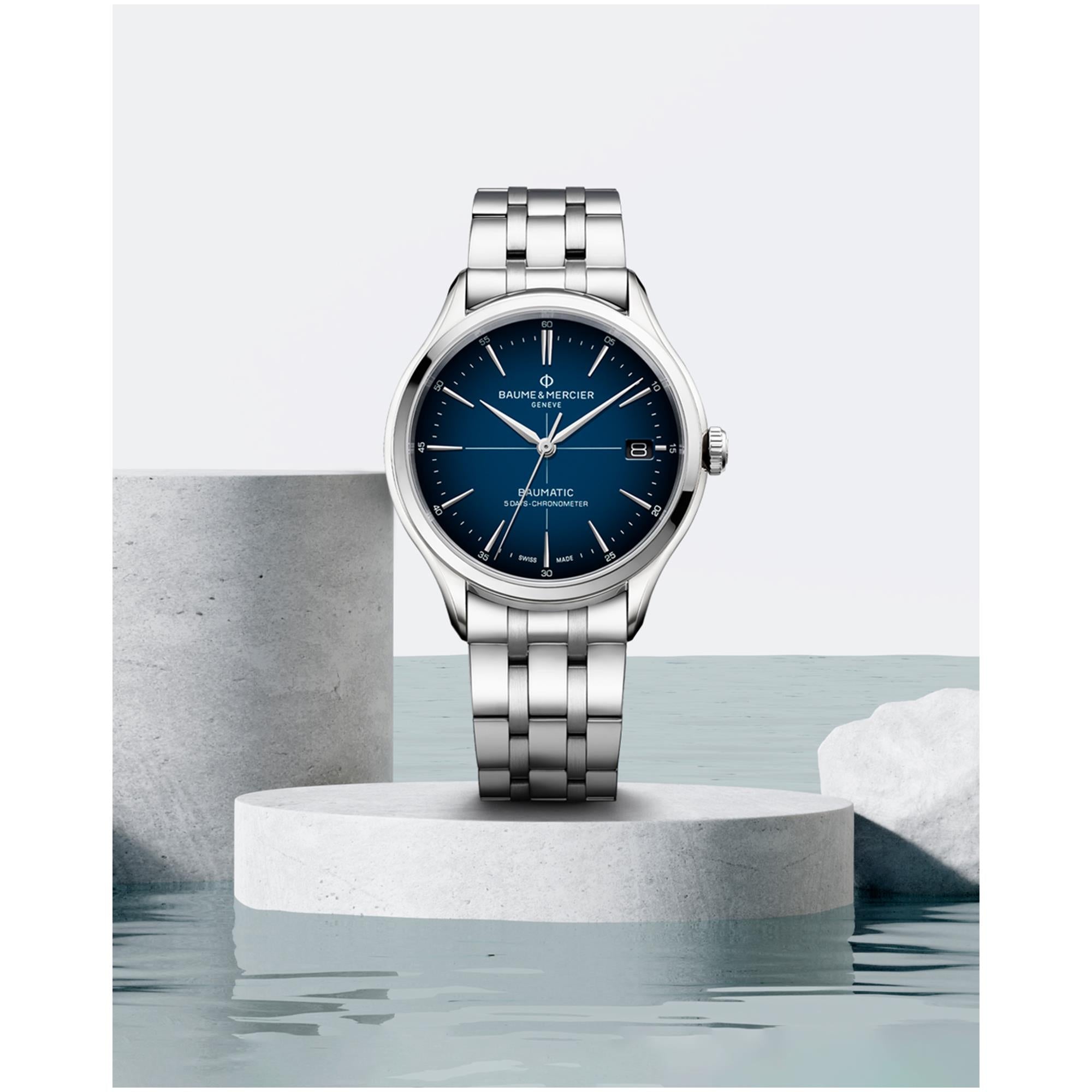 Baume & Mercier Clifton Baumatic Automatik Blaues Zifferblatt Edelstahlarmband Herren Uhr BM0A10468