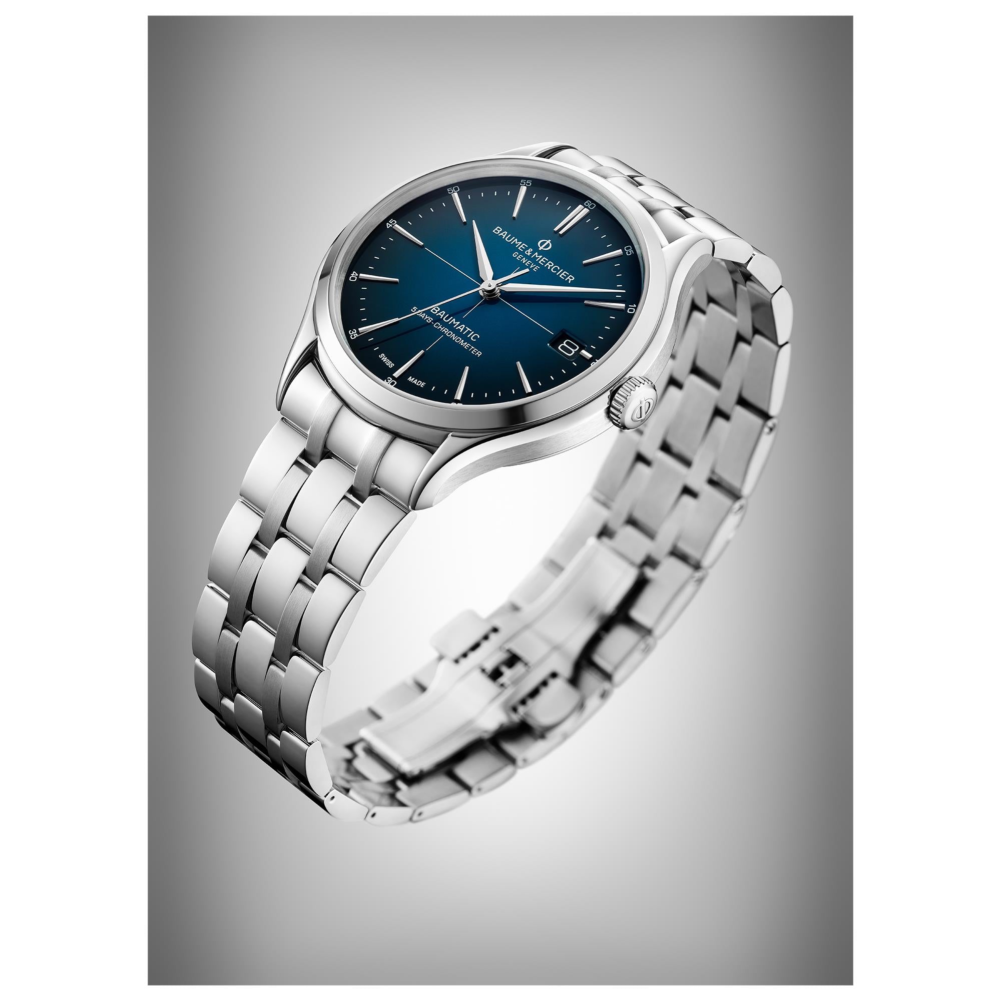 Baume & Mercier Clifton Baumatic Automatik Blaues Zifferblatt Edelstahlarmband Herren Uhr BM0A10468