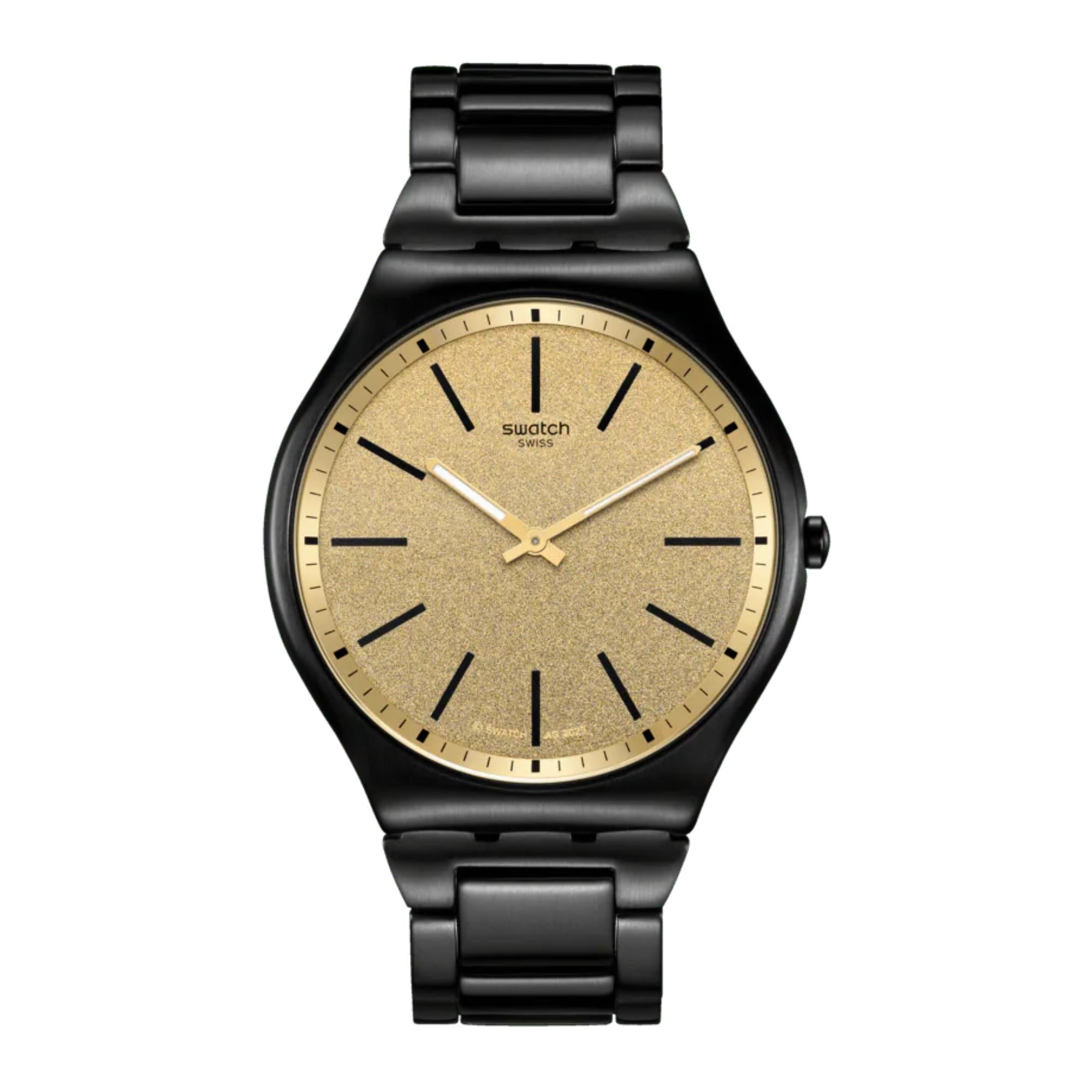 Swatch Dashing Slate Quarz Goldenes Zifferblatt Stahlarmband Uhr SS07B109G