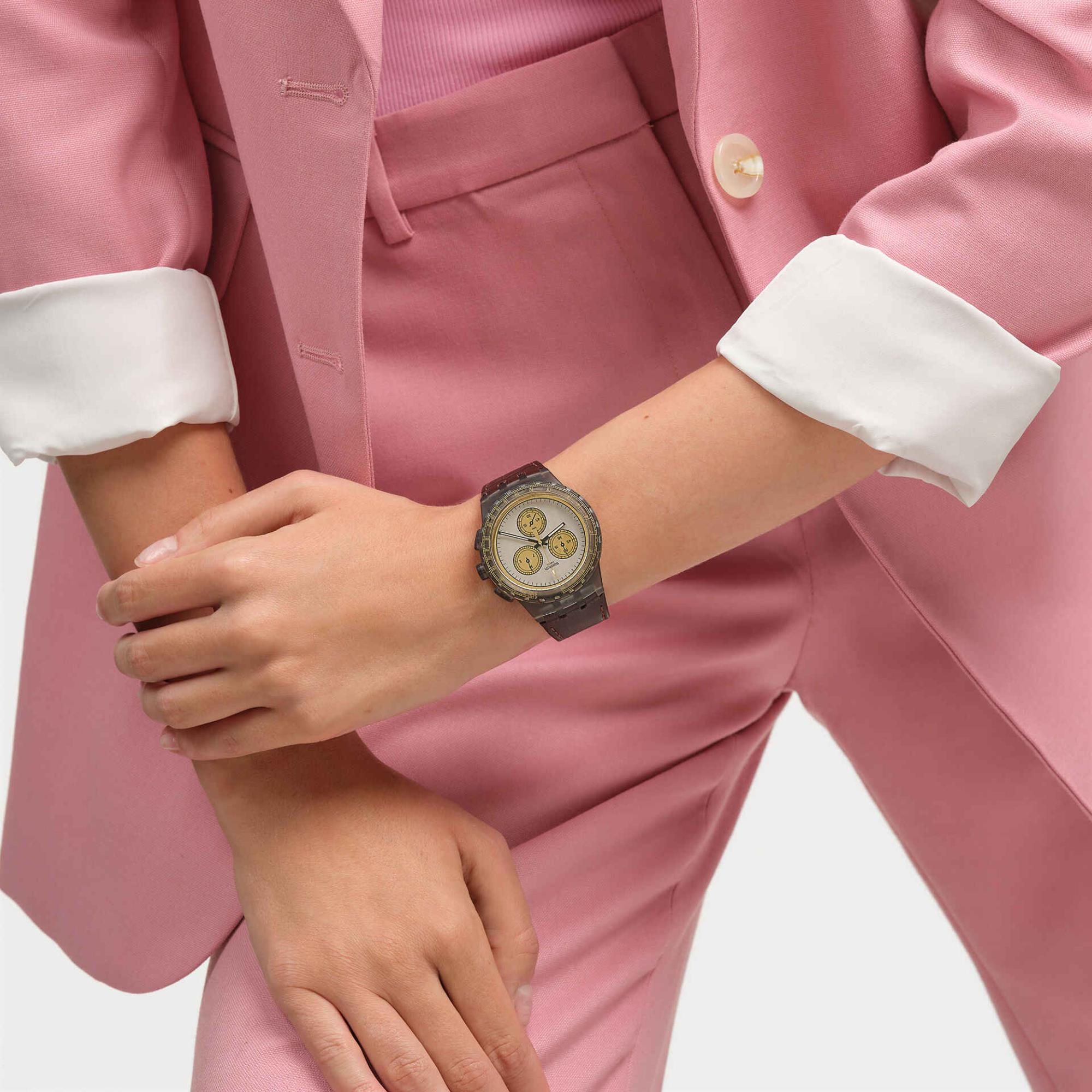Swatch Holiday Collection Golden Radiance NEON Quartz Grey Dial Brown Leather Strap Men's Watch SUSM100