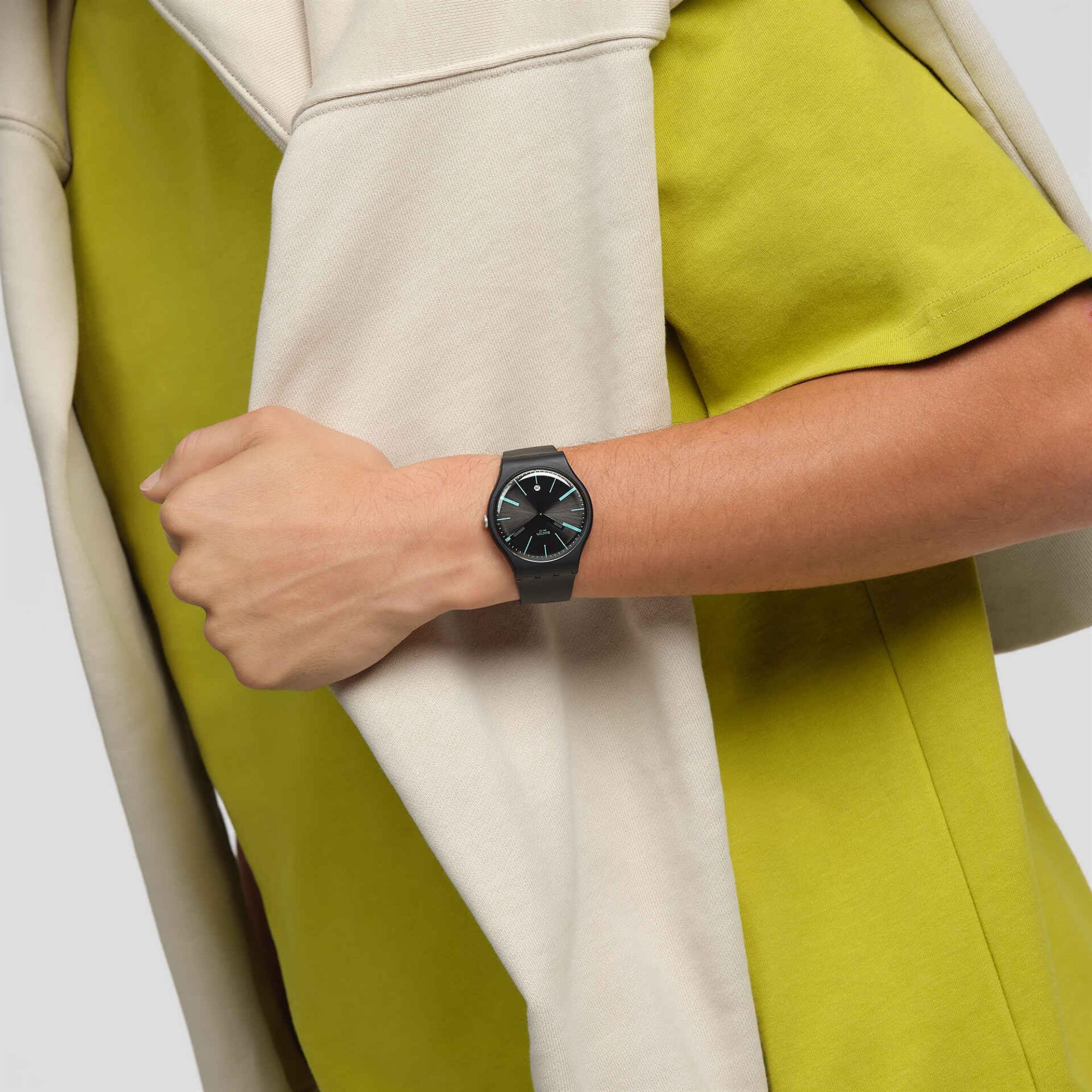 Swatch Holiday Collection A Dash Of Green Black Dial Silicone Strap Unisex Watch SO29B404