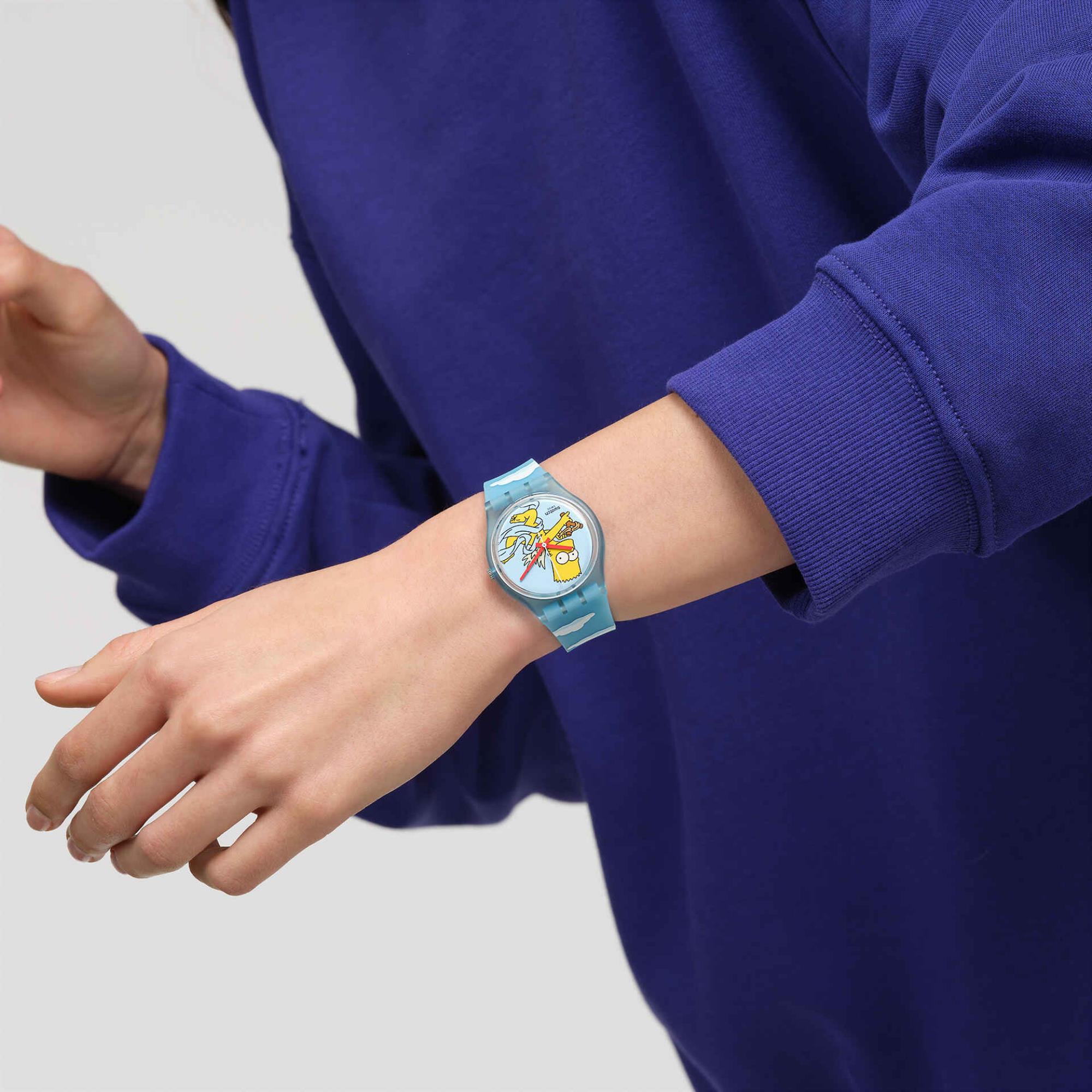 Swatch Die Simpsons Kollektion Engel Bart Quarz Blaues Zifferblatt Silikon Uhr SO28Z115