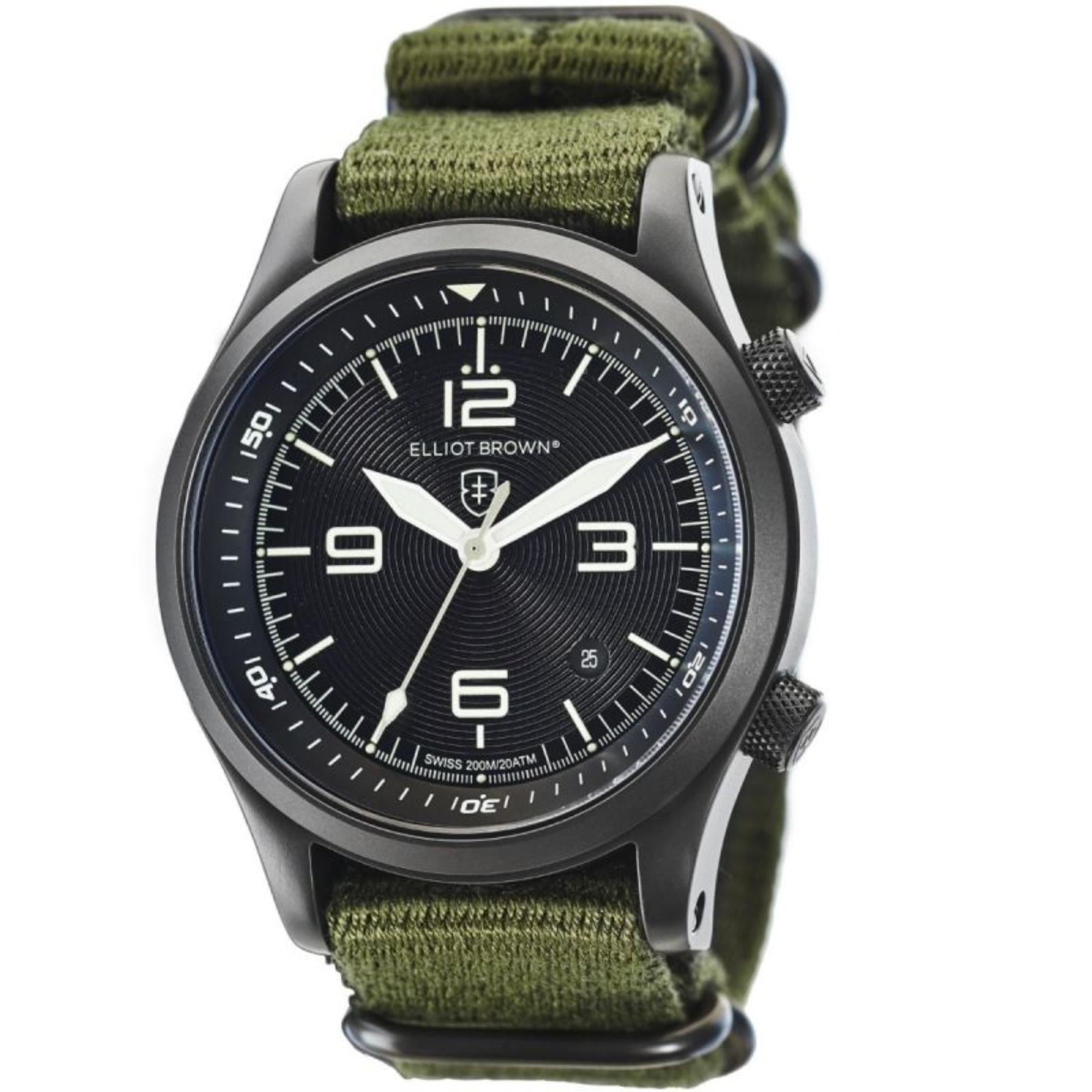 Elliot Brown Canford Schwarzes Zifferblatt Grünes Textil Armband Herren Uhr 202-004-N01