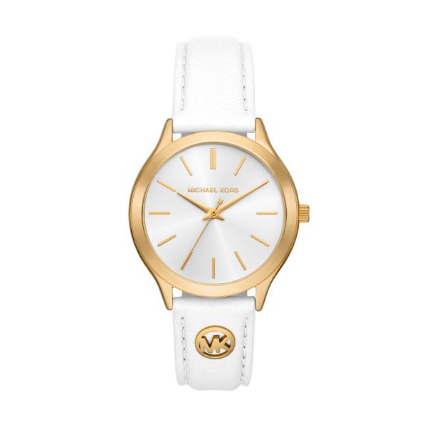 Michael Kors Slim Runway Weiß Lederarmband Goldfarbener Gehäuse Silber Zifferblatt Damen Uhr MK7466